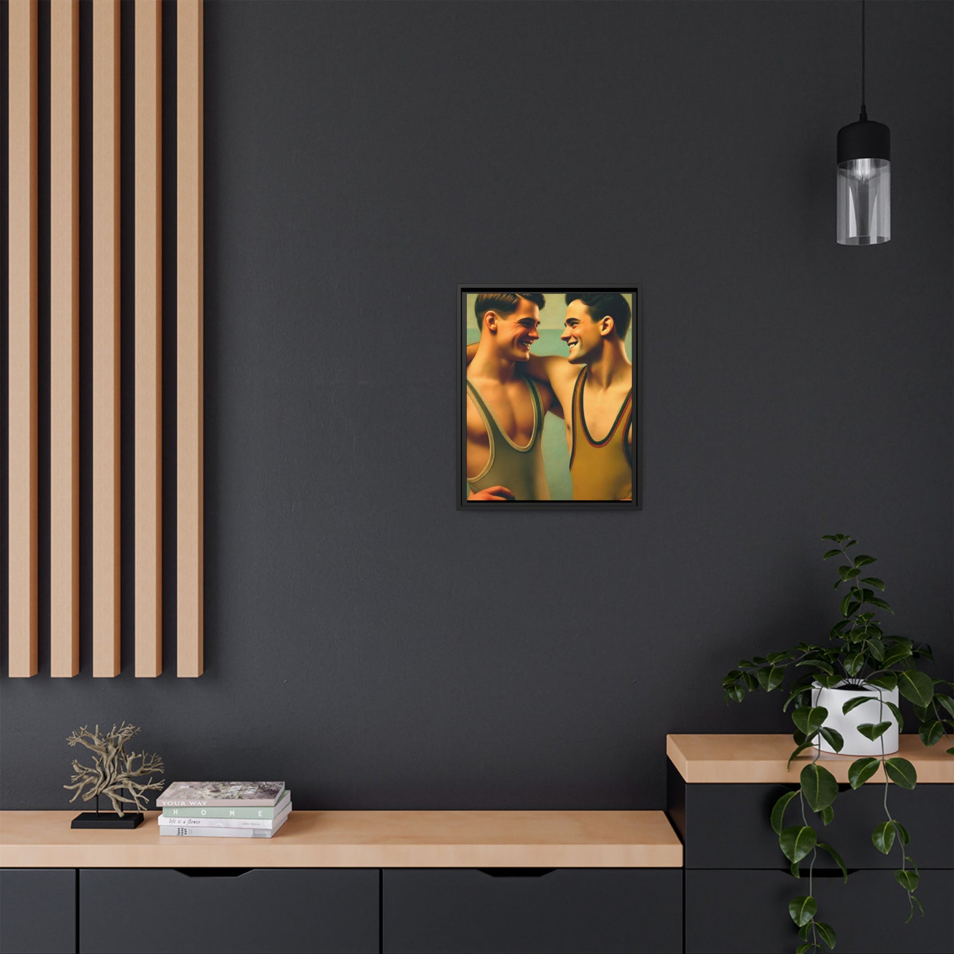 Framed artwork of two young wrestlers in vintage singlets sharing a candid moment, inspired by Grant Wood's Regionalist art style.
