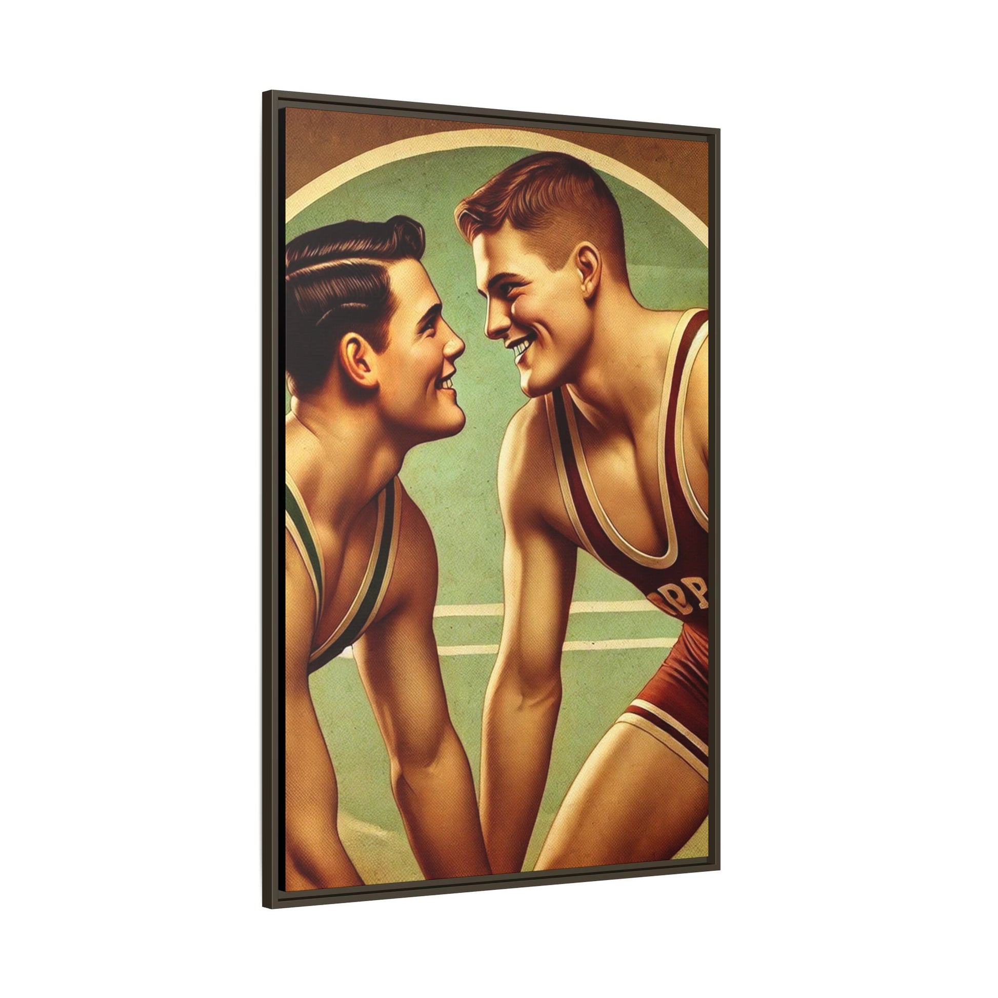 Framed artwork of two young wrestlers in vintage singlets on a stylized mat, inspired by Grant Wood's nostalgic Americana style.