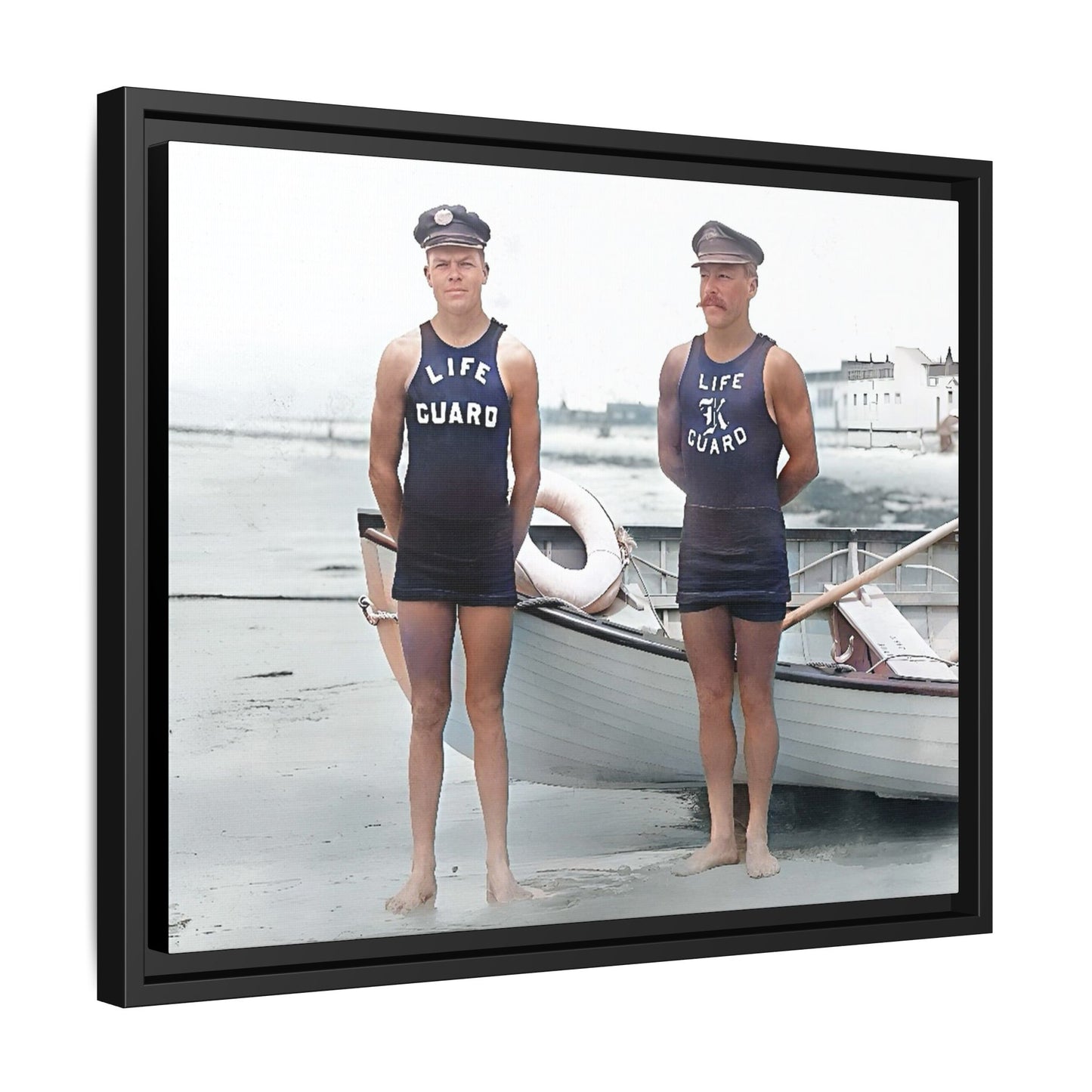 A nostalgic framed canvas print of vintage lifeguards in Cape May, NJ. This coastal artwork captures the charm of early 20th-century beach life, making it perfect for lovers of maritime history, seaside decor, and Americana enthusiasts.