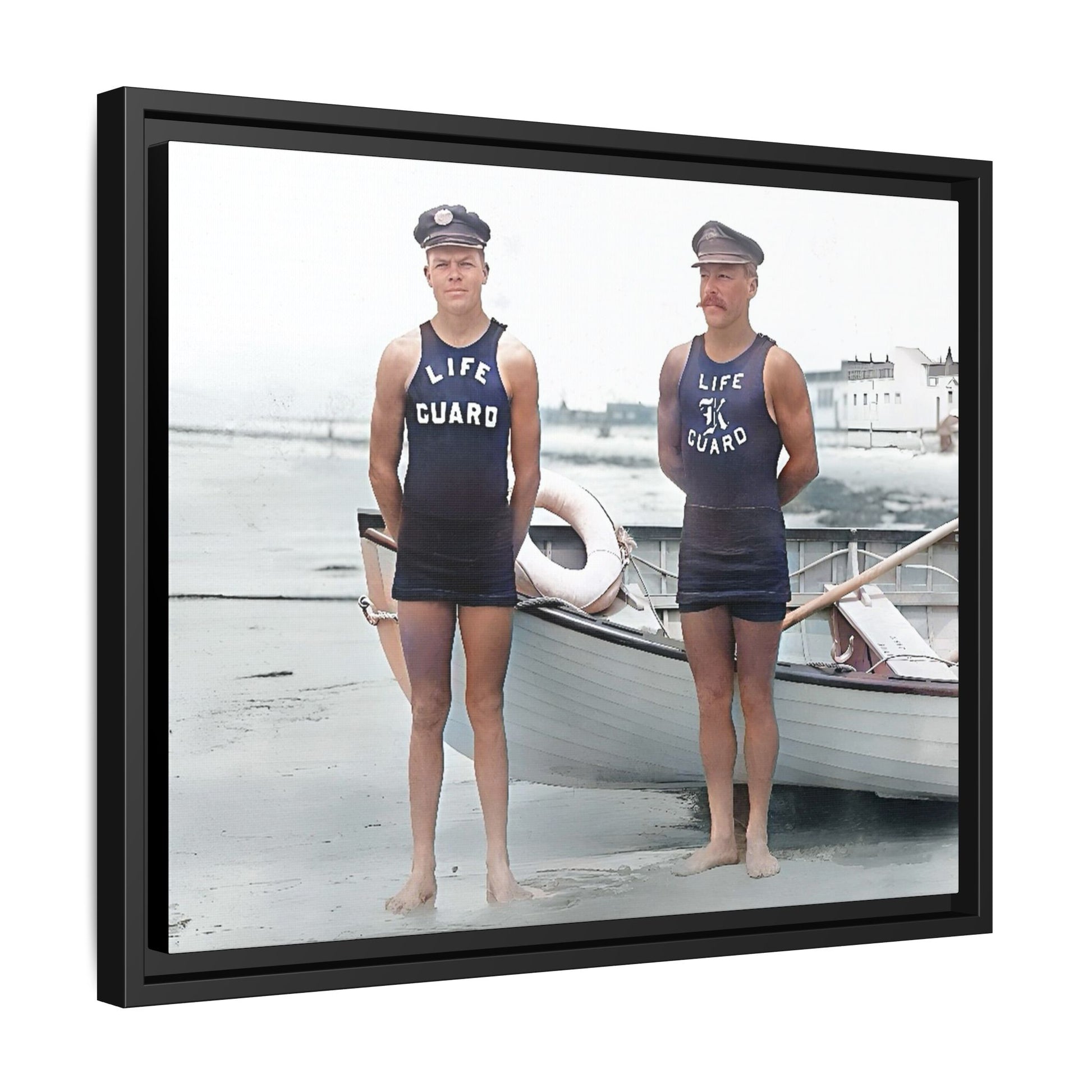 A nostalgic framed canvas print of vintage lifeguards in Cape May, NJ. This coastal artwork captures the charm of early 20th-century beach life, making it perfect for lovers of maritime history, seaside decor, and Americana enthusiasts.