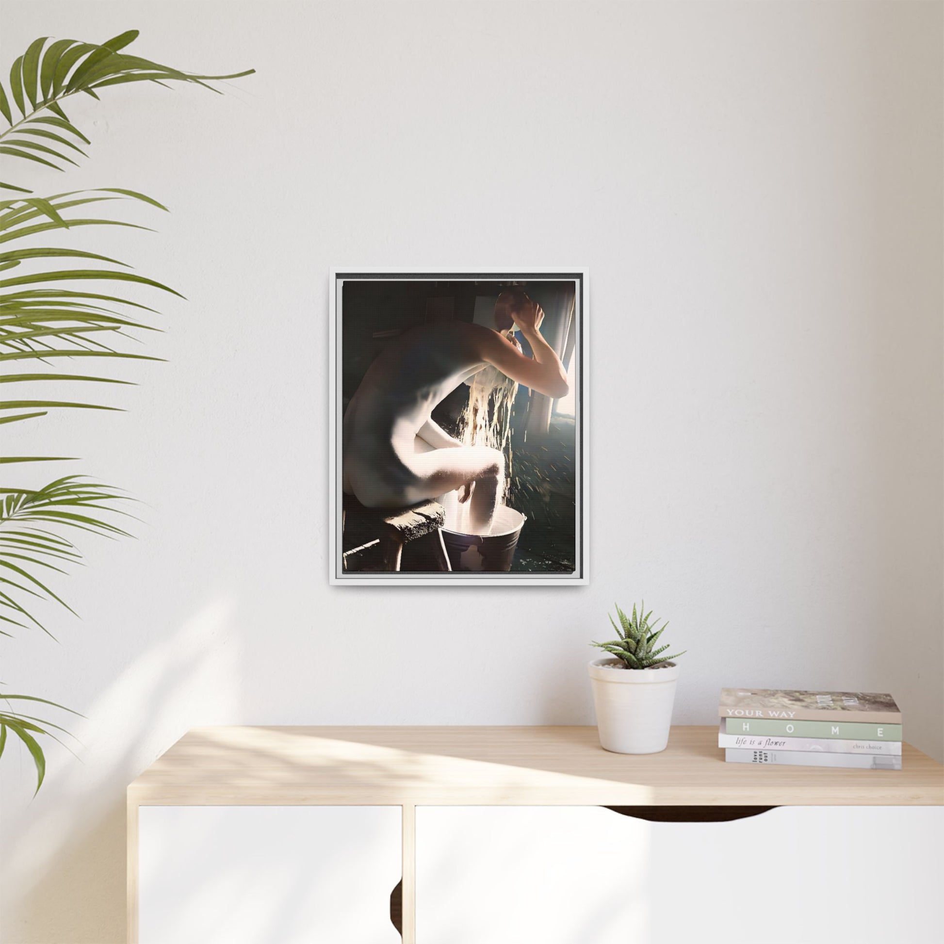 Restored early 20th-century photo of Roy during a rustic bathing ritual in Rock Springs, Wyoming, framed as wall décor celebrating simplicity and renewal.