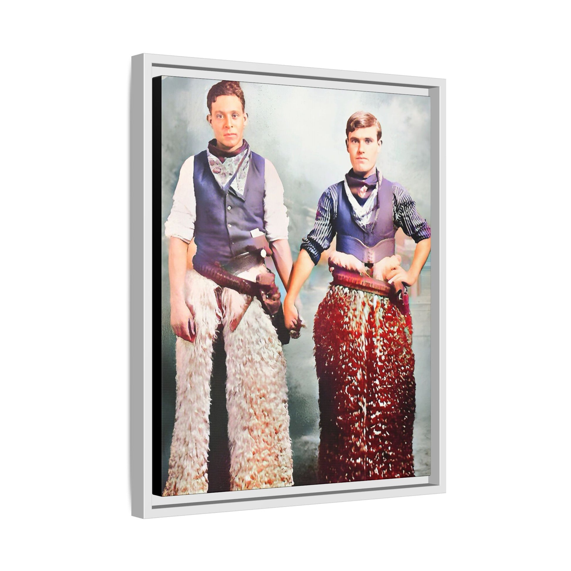 Restored colorized vintage photo of two cowboys, Kline & Autry, holding hands in Carson City, early 20th century. Gay Couple