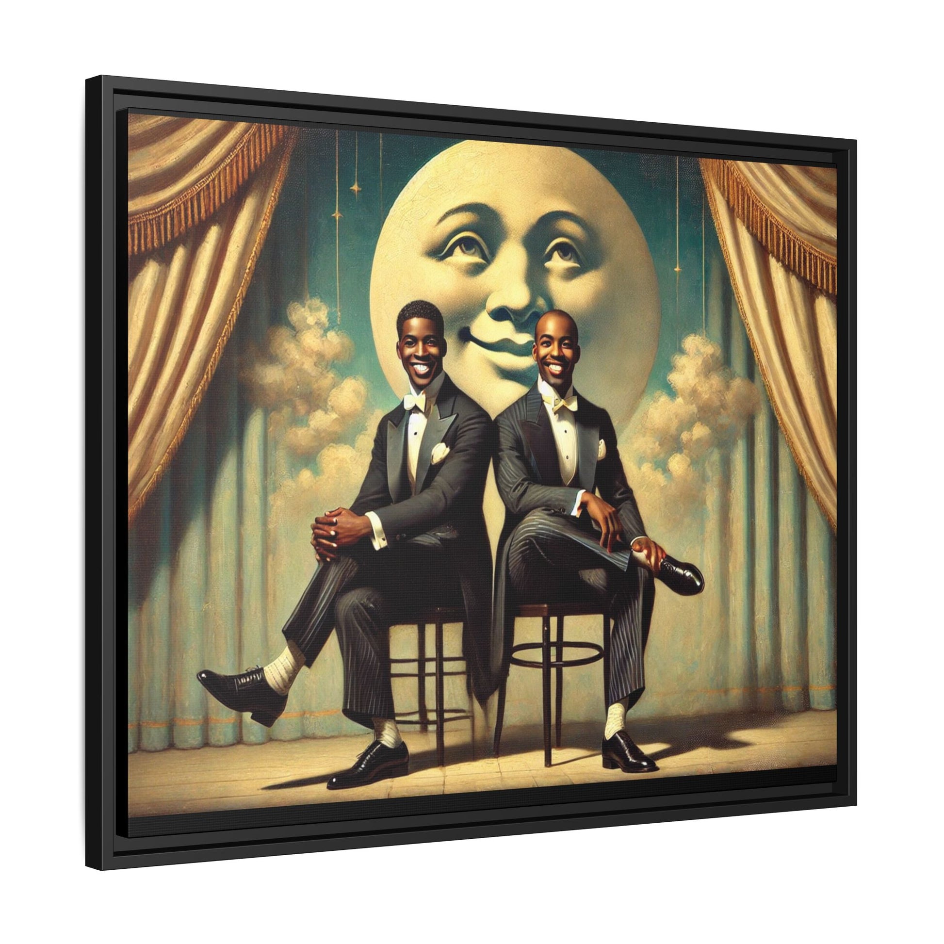 Framed vintage-style portrait of two Black men in tuxedos seated under a smiling crescent moon prop with golden curtains and cloud backdrop. This restored matte canvas honors lost LGBTQ history and reclaims early 20th-century queer representation with pride.