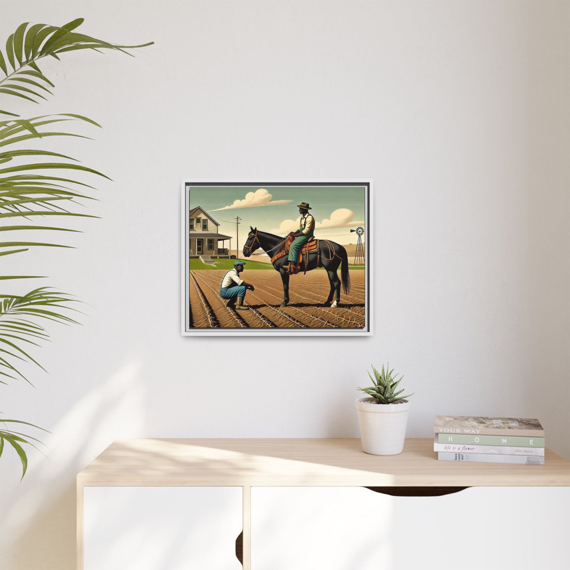 Artwork of an African American queer couple working together on a farm in a serene, vintage-inspired landscape. One man sits on horseback, gazing warmly at his partner, who examines the soil, symbolizing their partnership in both love and labor. The scene captures resilience, companionship, and the beauty of rural life.