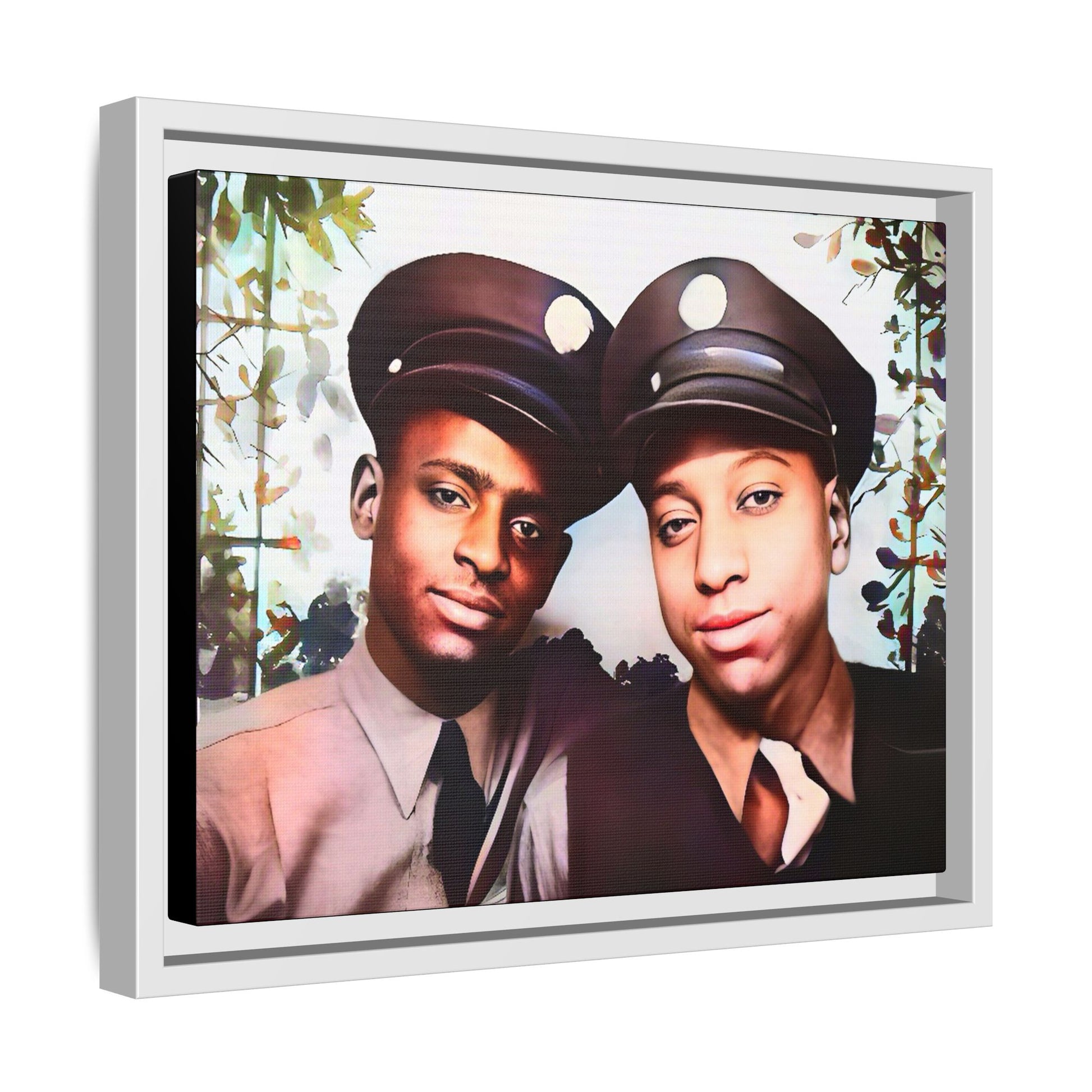 Vintage portrait of Deion & Marcus in Lexington, KY. Framed matte canvas celebrating African-American LGBTQ+ history, showcasing unity and timeless love. Perfect for collectors, art enthusiasts, and those honoring diversity and inclusion through decor.
