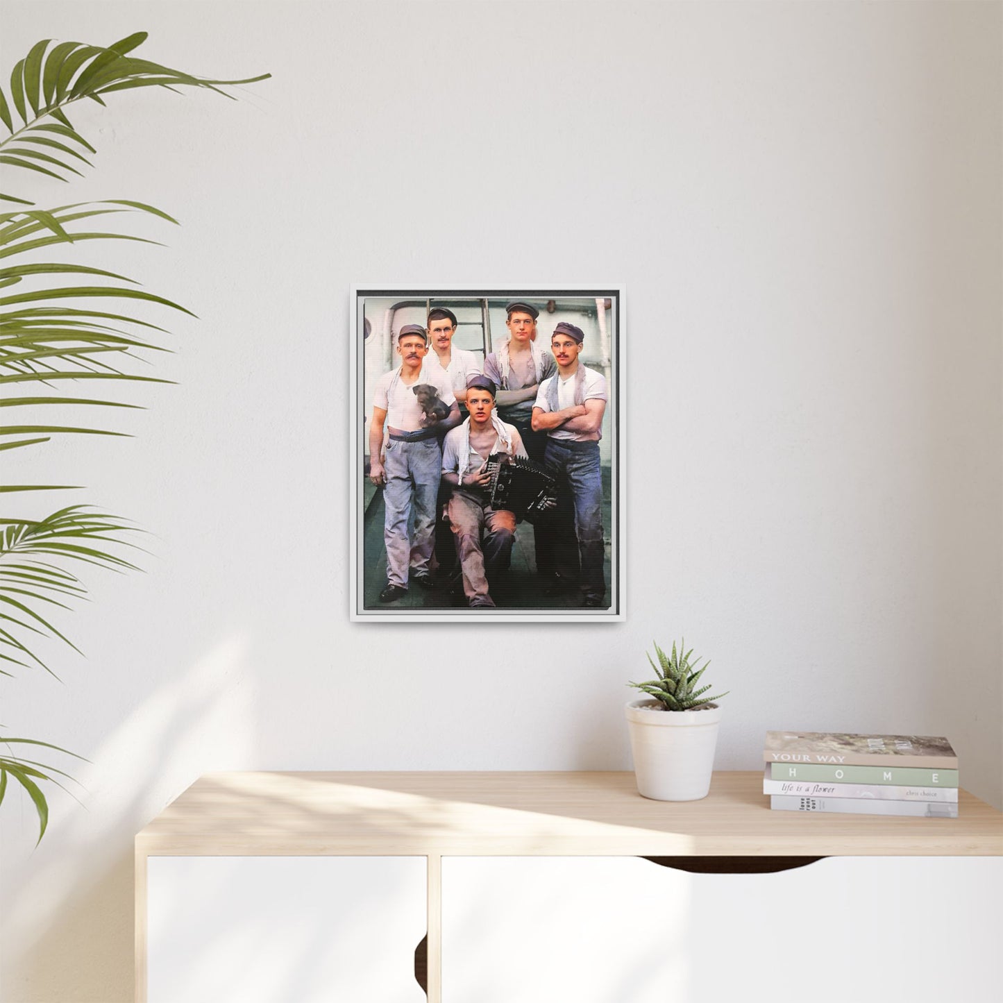 A vintage maritime photograph printed on matte canvas, featuring sailors aboard the Waimarino Cargo Ship, highlighting companionship, tradition, and the spirit of life at sea.