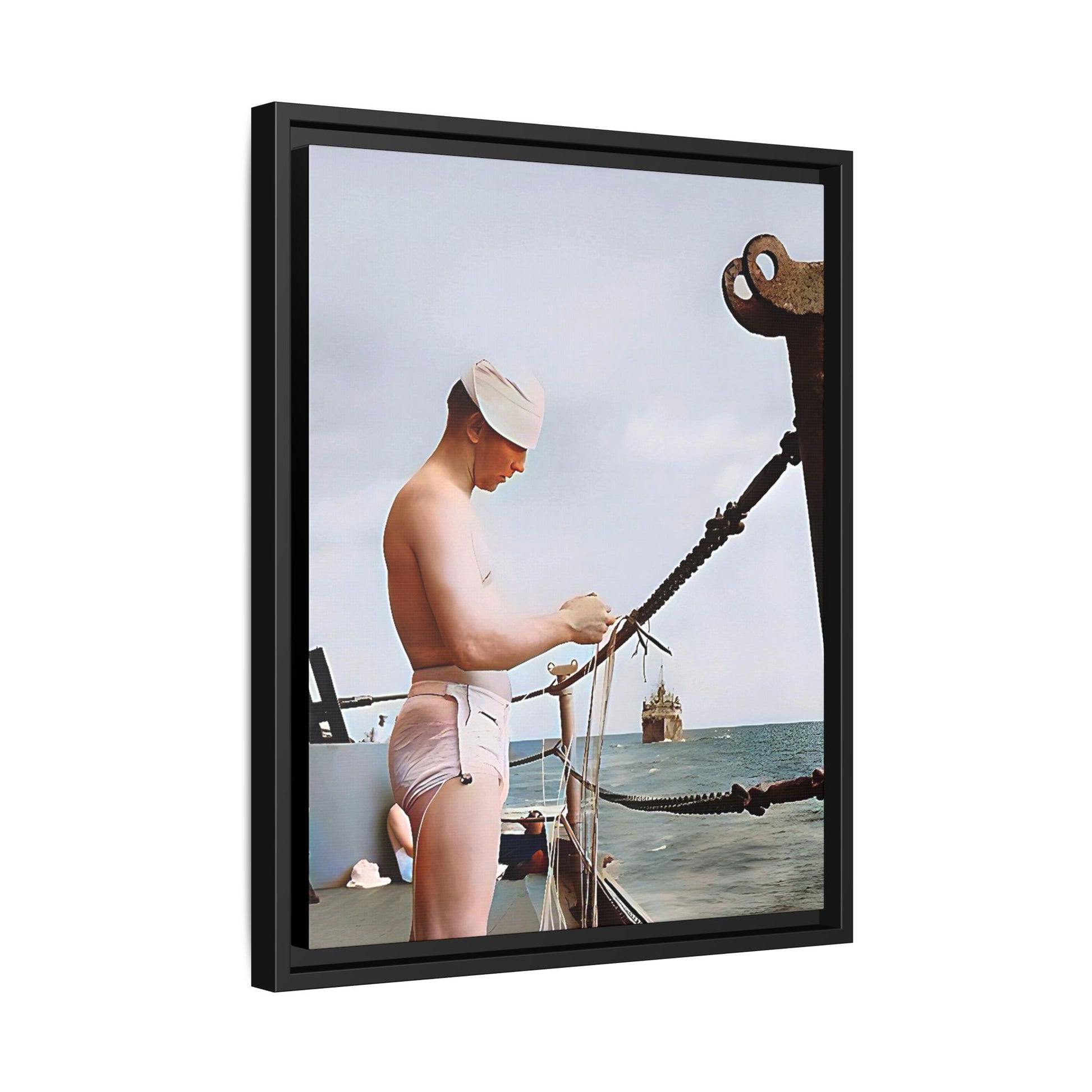 A framed vintage naval portrait on matte canvas featuring a sailor aboard the USS Iowa, honoring maritime history and dedication.