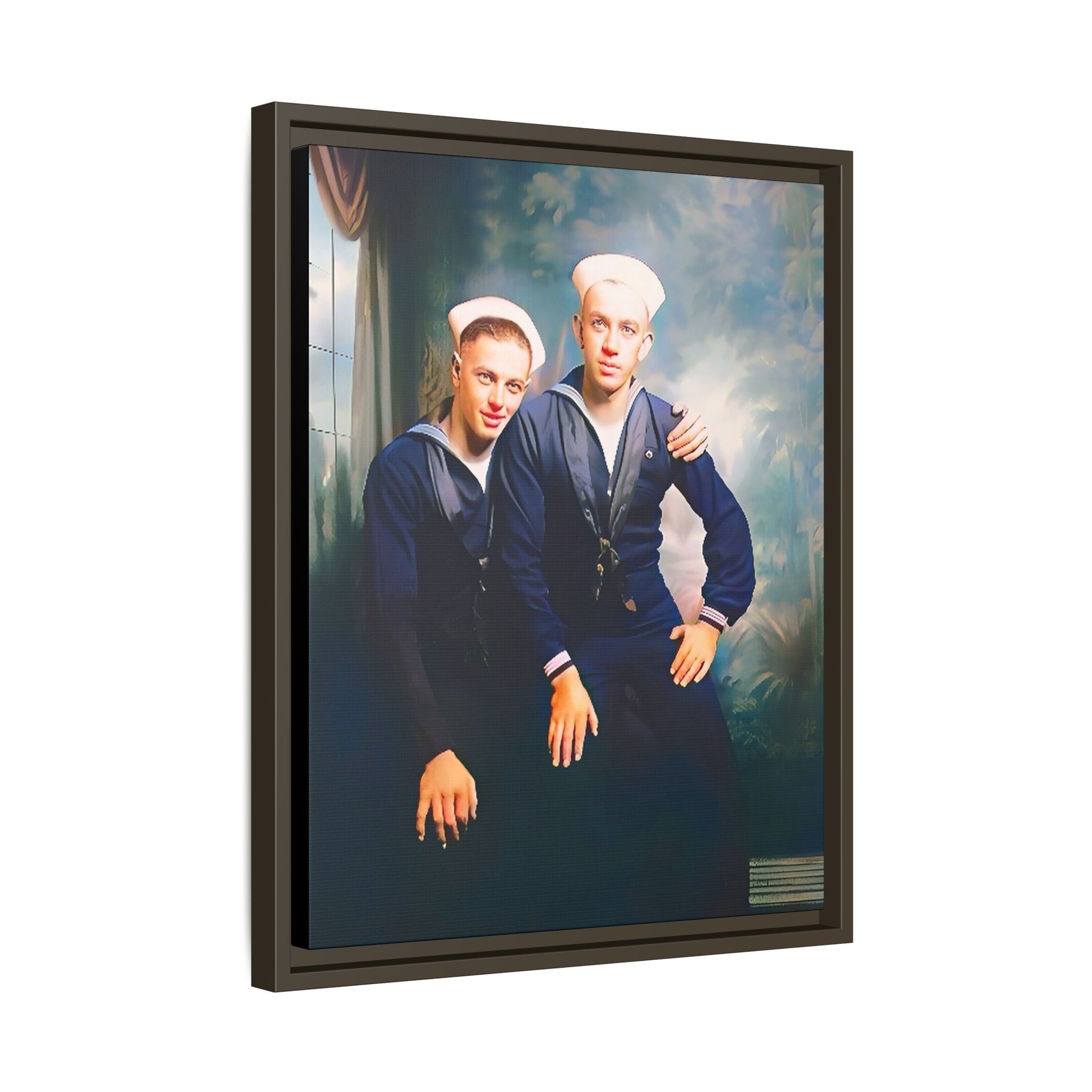 A restored vintage naval portrait of Thomas & Ervin at Naval Station Newport, Rhode Island. This framed matte canvas honors LGBTQ+ history, military service, and timeless camaraderie. Gay Couple