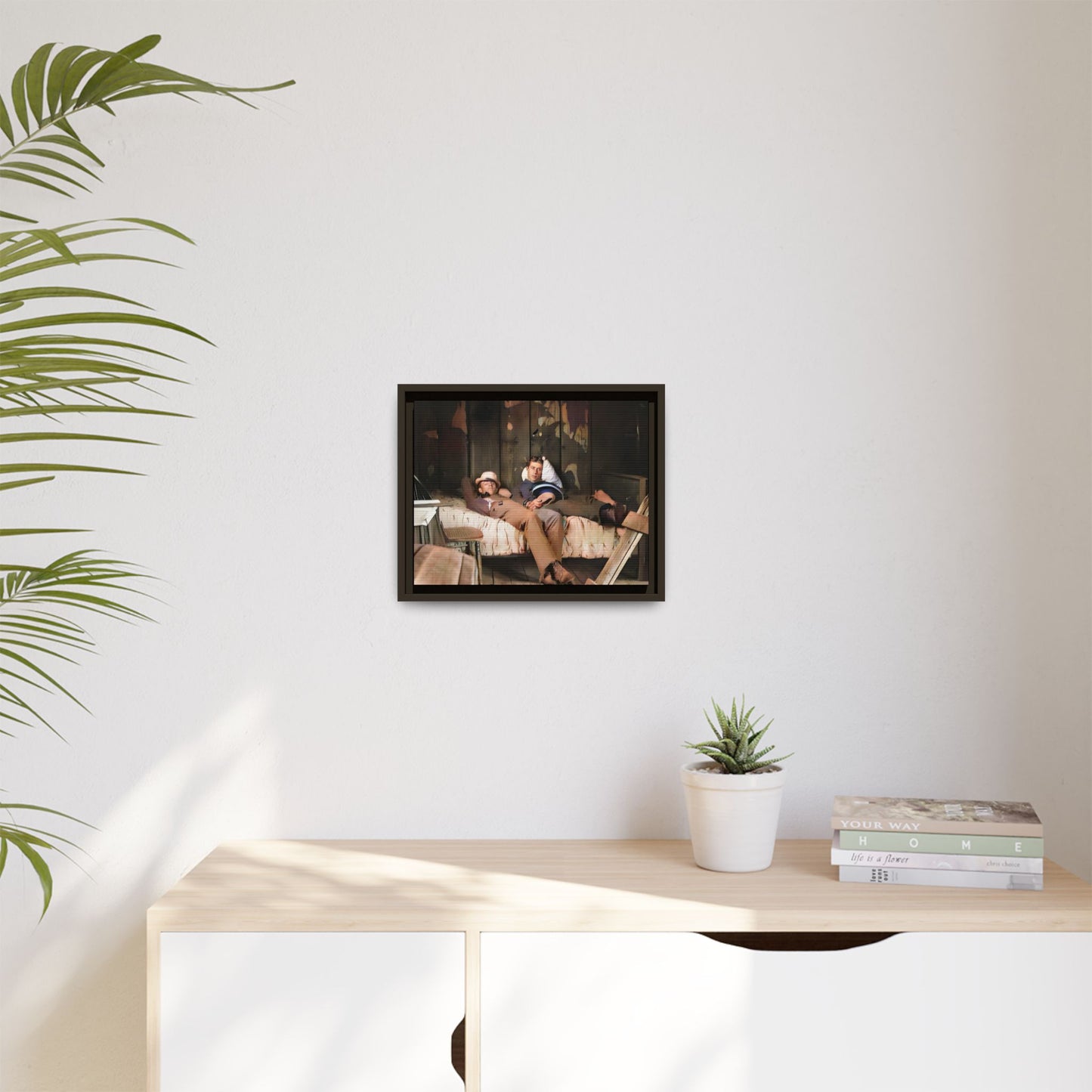 A vintage portrait of Henry & Joseph in a rustic Oregon cabin. This framed matte canvas captures LGBTQ+ history, love, and the beauty of a quiet, intimate moment, making it a timeless and meaningful addition to any collection or home. Gay Couple in bed.
