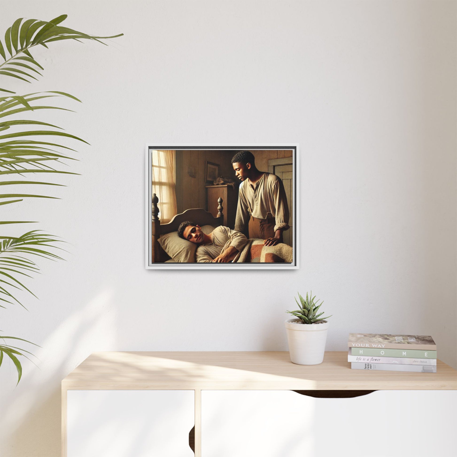 Grant 007 artwork depicting an African-American queer couple in a tender, intimate moment within a rustic bedroom. This scene, bathed in warm, nostalgic light, captures the love and quiet resilience of rural life, celebrating LGBTQ+ representation and African-American heritage.
