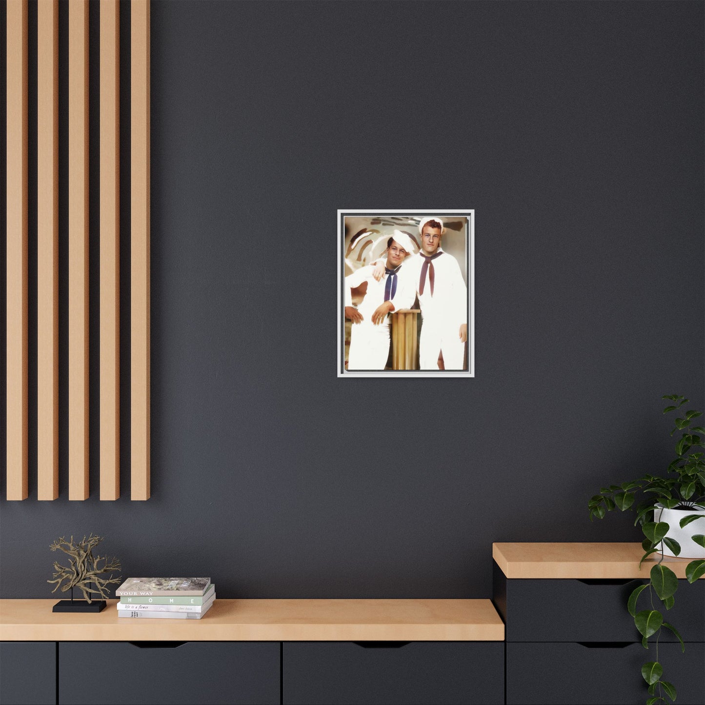 Vintage portrait of Leo & Russel aboard the USS South Dakota. Dressed in crisp naval whites, this LGBTQ+ military art print honors love, service, and history. A perfect addition for collectors, history lovers, and those who cherish authentic connections. African American Gay Juneteenth Black History Month Love Couple
