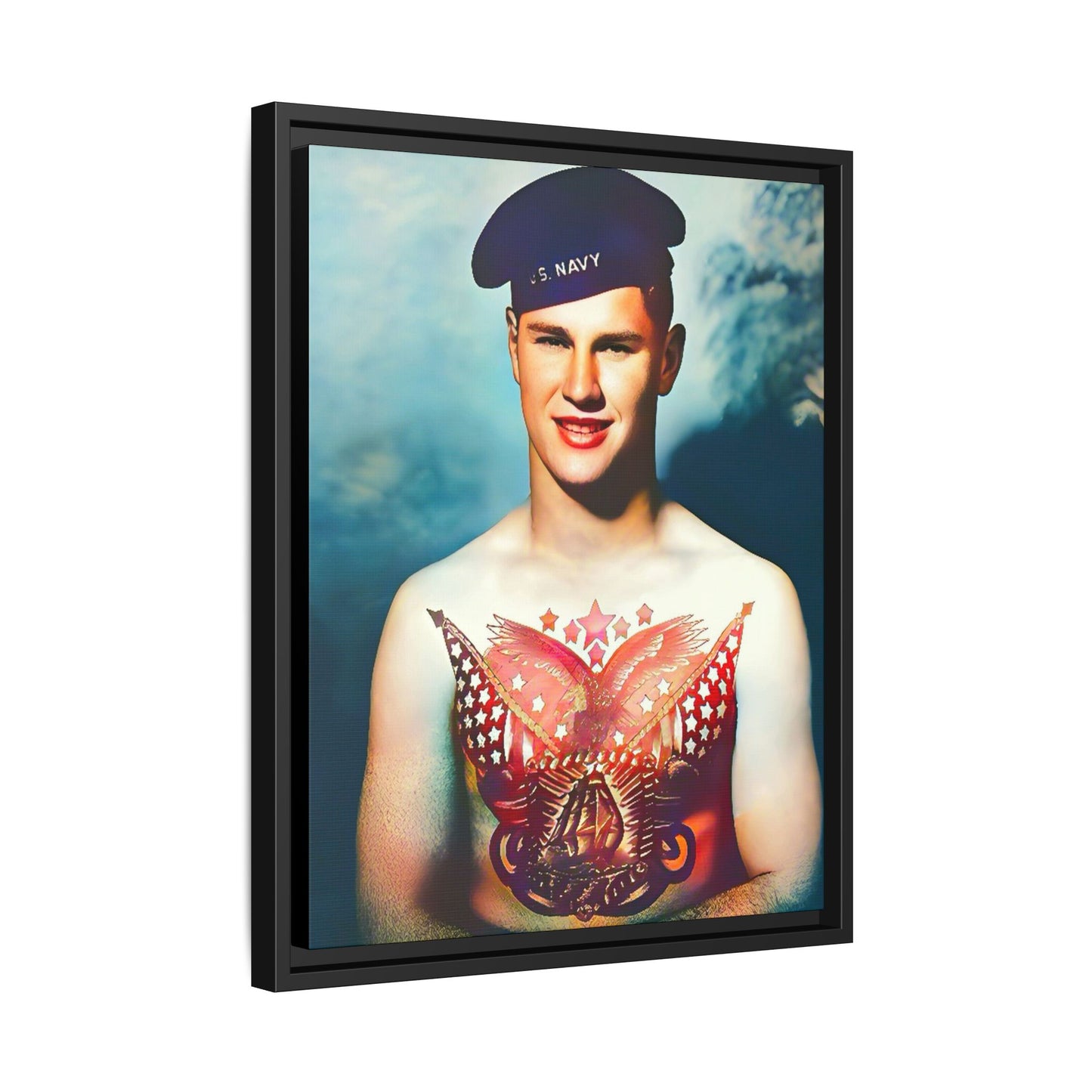 A striking vintage portrait of Charlie, a proud U.S. Navy sailor at Norfolk Navy Yard, showcasing a patriotic tattoo. This framed matte canvas print celebrates military history, individuality, and LGBTQ+ representation—perfect for collectors and history enthusiasts.
