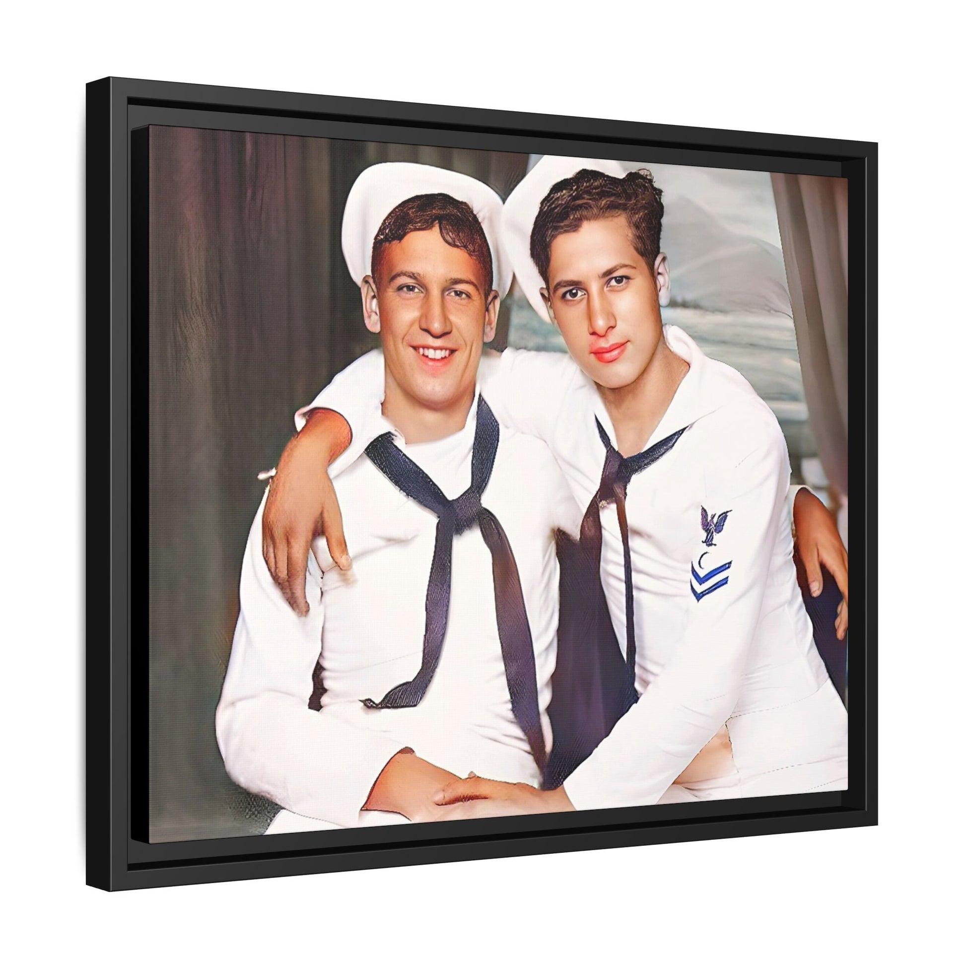 A restored vintage Navy portrait of Kenny and William at Fort Lee, Virginia. This framed matte canvas print honors military camaraderie, resilience, and LGBTQ+ history with a timeless tribute to friendship and love. Gay Couple Sailors Navy