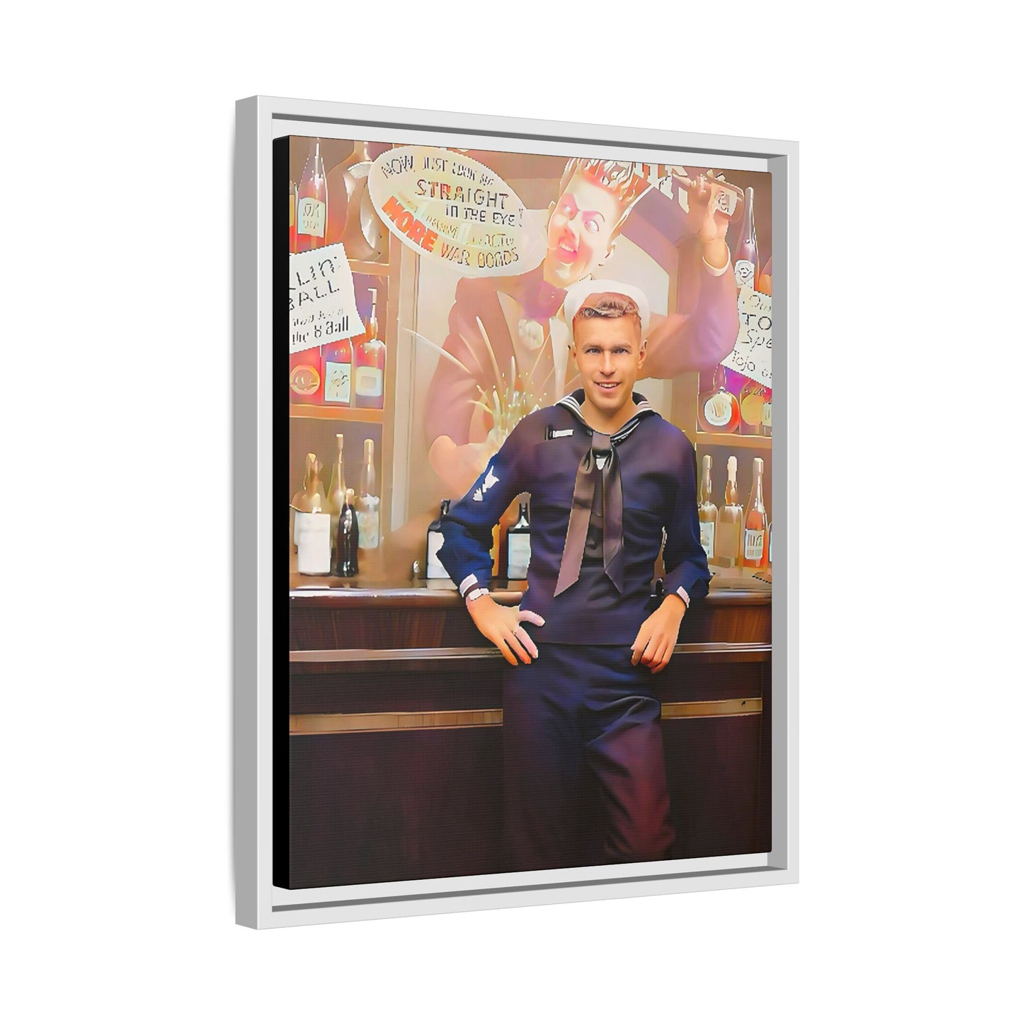 A restored WWII-era portrait of Charles at Brooklyn Navy Yard, New York. This framed matte canvas print captures the resilience and camaraderie of wartime sailors, featuring vintage war bond advertisements and classic Navy charm.