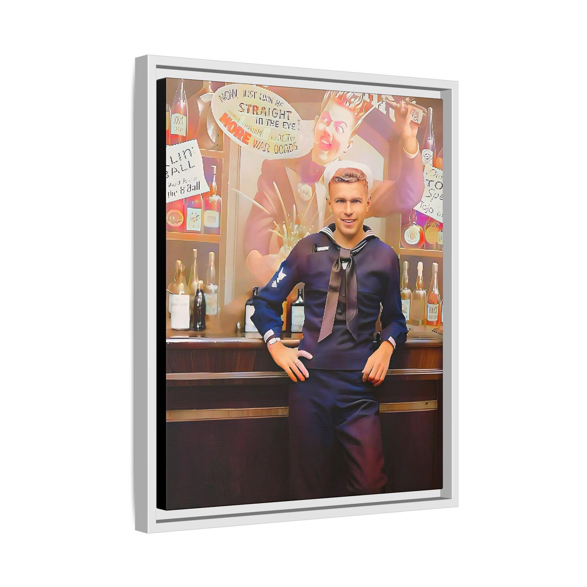 A restored WWII-era portrait of Charles at Brooklyn Navy Yard, New York. This framed matte canvas print captures the resilience and camaraderie of wartime sailors, featuring vintage war bond advertisements and classic Navy charm.