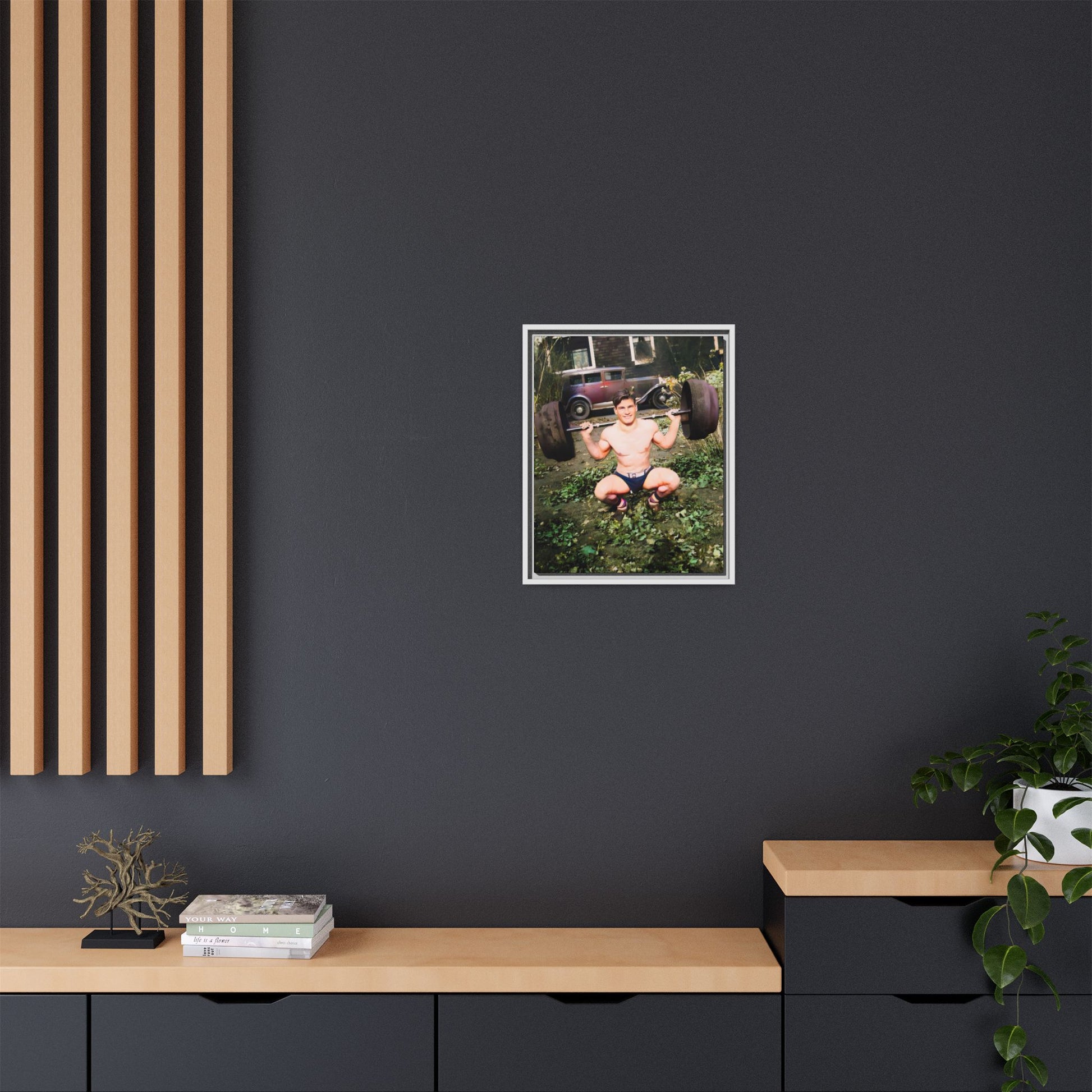 A restored 1934 vintage portrait of Wayne in Lake Forest, Illinois. This framed matte canvas captures strength, charm, and small-town American heritage. Gay Body Builder
