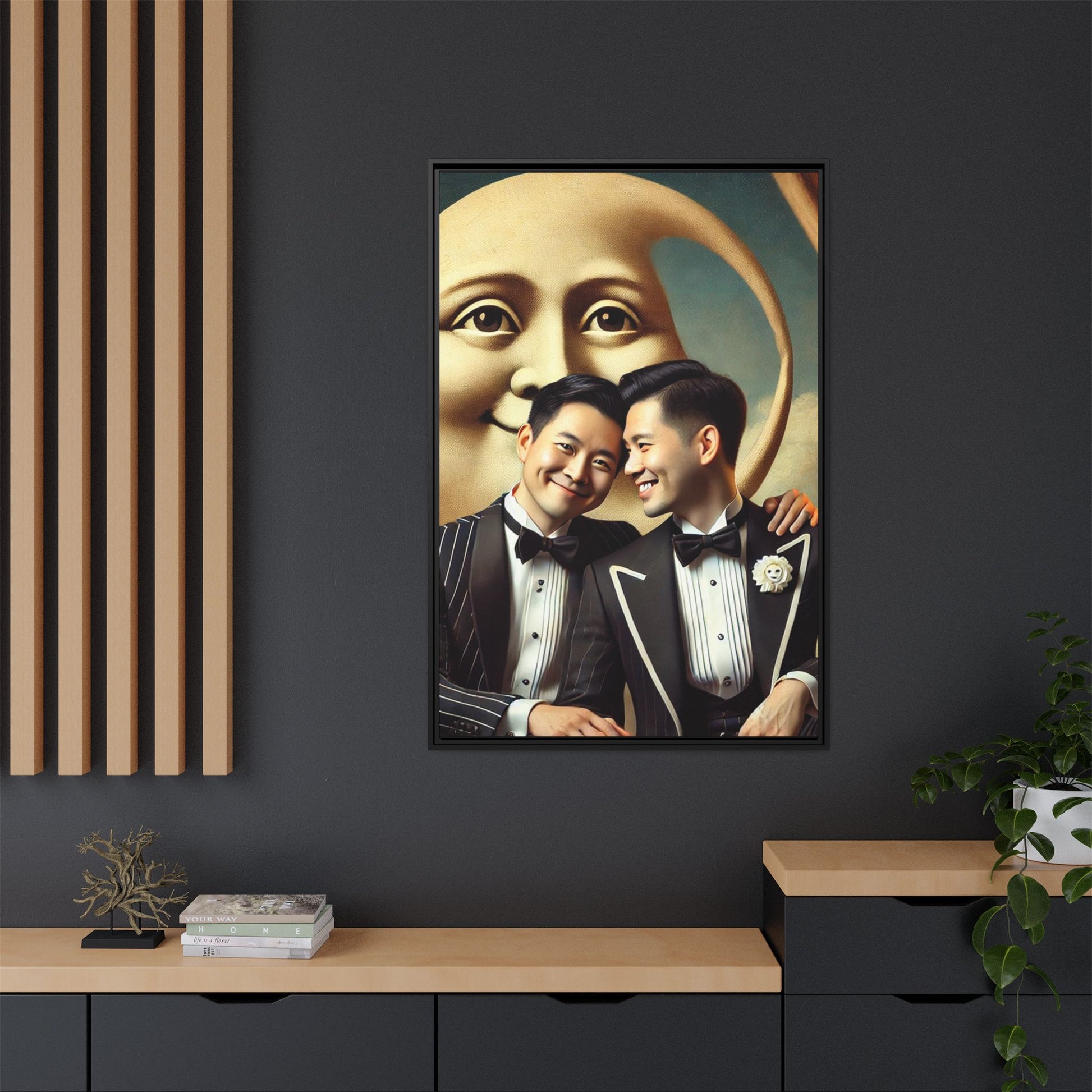 Framed matte canvas featuring a joyful queer Asian couple in tuxedos standing beneath a crescent moon. This artwork, part of the Missing Art Studies series, reimagines erased queer histories with warmth, dignity, and vintage-inspired style.