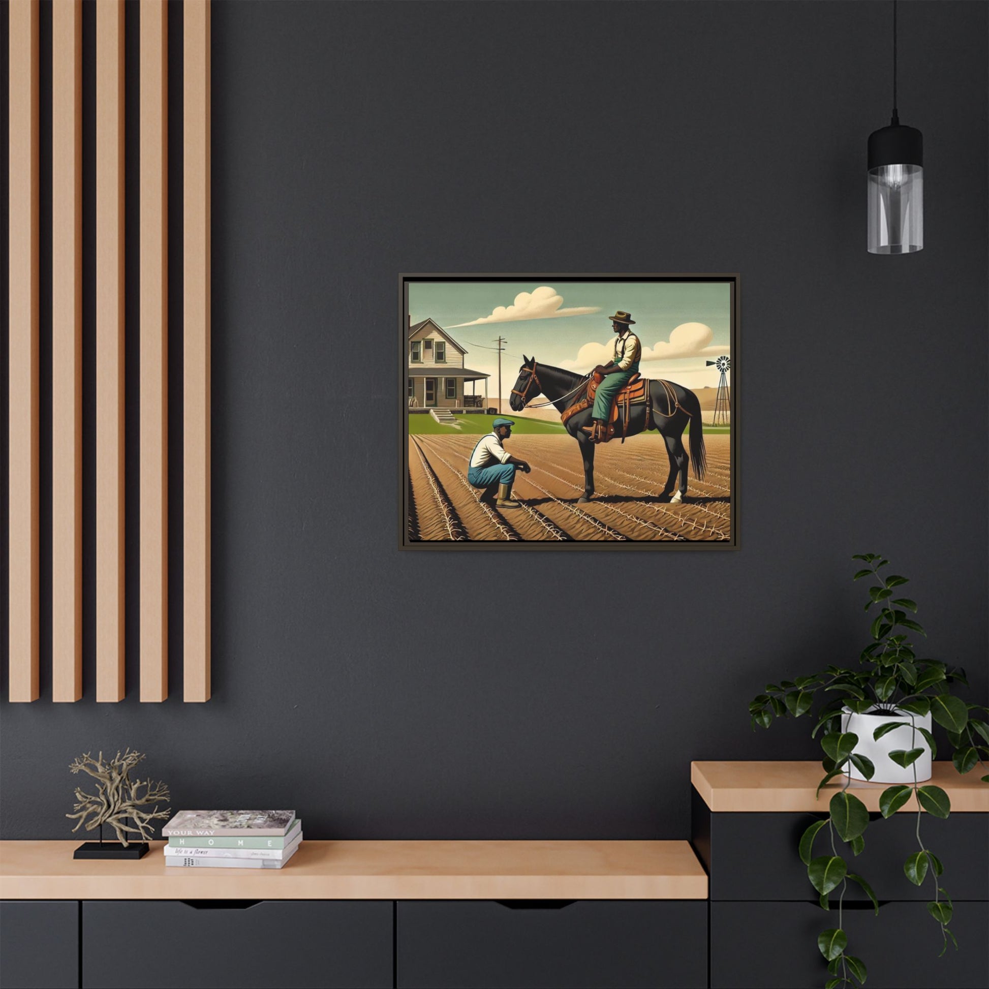 Artwork of an African American queer couple working together on a farm in a serene, vintage-inspired landscape. One man sits on horseback, gazing warmly at his partner, who examines the soil, symbolizing their partnership in both love and labor. The scene captures resilience, companionship, and the beauty of rural life.