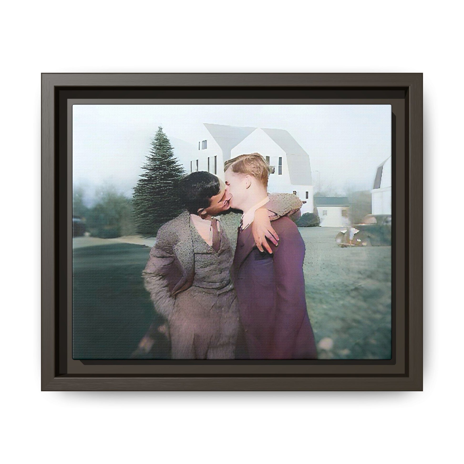 A vintage LGBTQ+ portrait of Milton & Shawn in Londonderry, NH. This framed matte canvas captures a timeless moment of love and resilience, making it a perfect piece for collectors, history enthusiasts, and those celebrating love in all forms. Gay Couple Art
