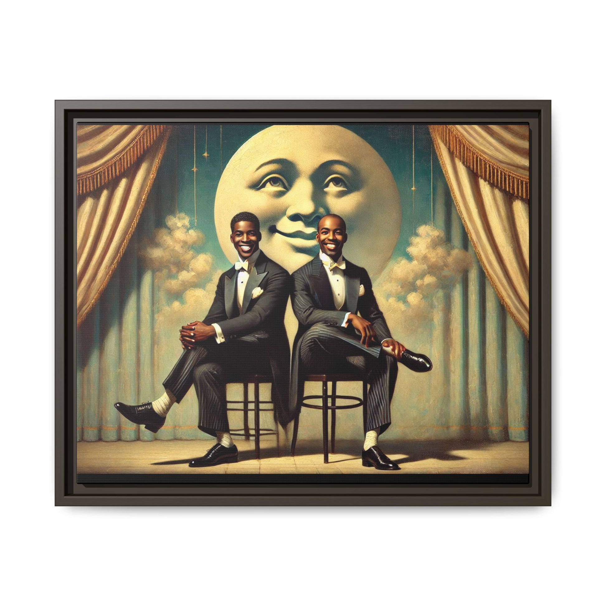 Framed vintage-style portrait of two Black men in tuxedos seated under a smiling crescent moon prop with golden curtains and cloud backdrop. This restored matte canvas honors lost LGBTQ history and reclaims early 20th-century queer representation with pride.