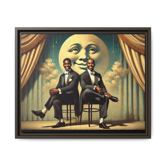 Framed vintage-style portrait of two Black men in tuxedos seated under a smiling crescent moon prop with golden curtains and cloud backdrop. This restored matte canvas honors lost LGBTQ history and reclaims early 20th-century queer representation with pride.