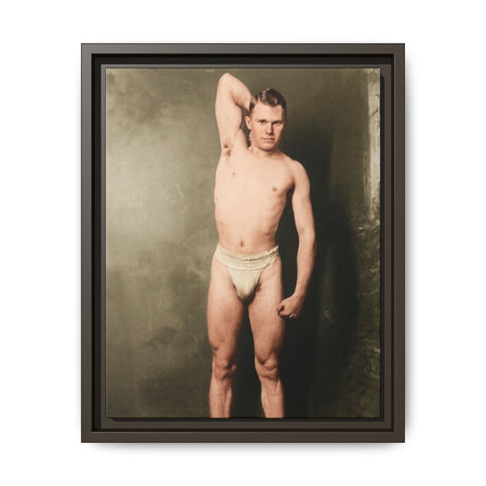 Restored early twentieth-century athlete photograph reproduced as framed canvas wall art