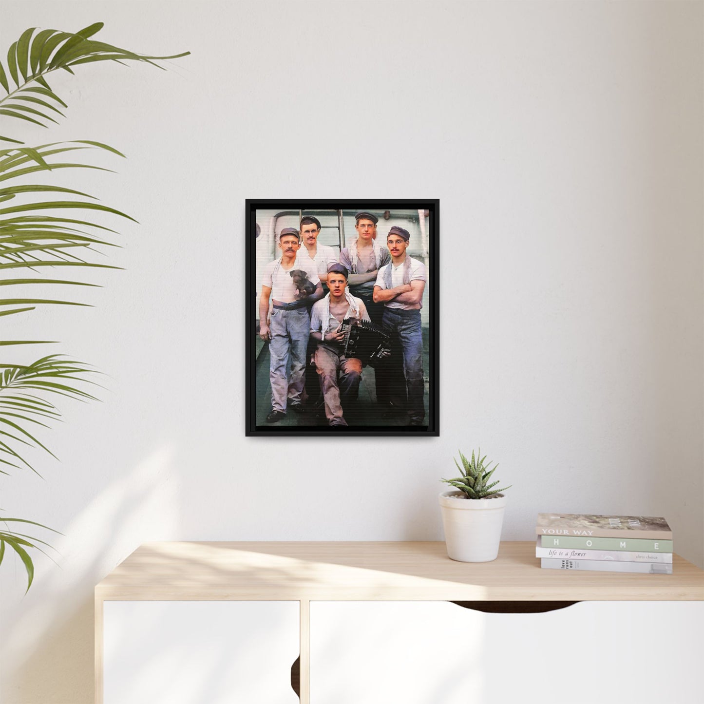 A vintage maritime photograph printed on matte canvas, featuring sailors aboard the Waimarino Cargo Ship, highlighting companionship, tradition, and the spirit of life at sea.