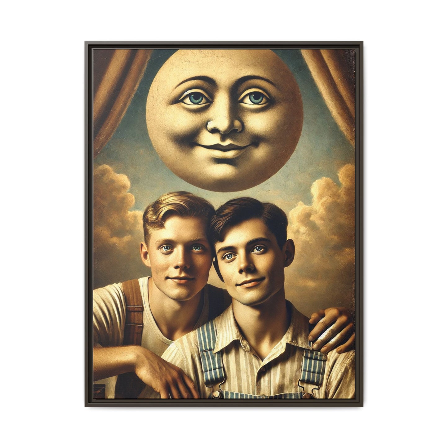 Framed matte canvas portrait featuring two young men in vintage overalls with a crescent moon prop above them. This artwork from the Missing Art Studies series reclaims LGBTQ+ imagery that may have been lost to bias, presenting warmth, intimacy, and presence.