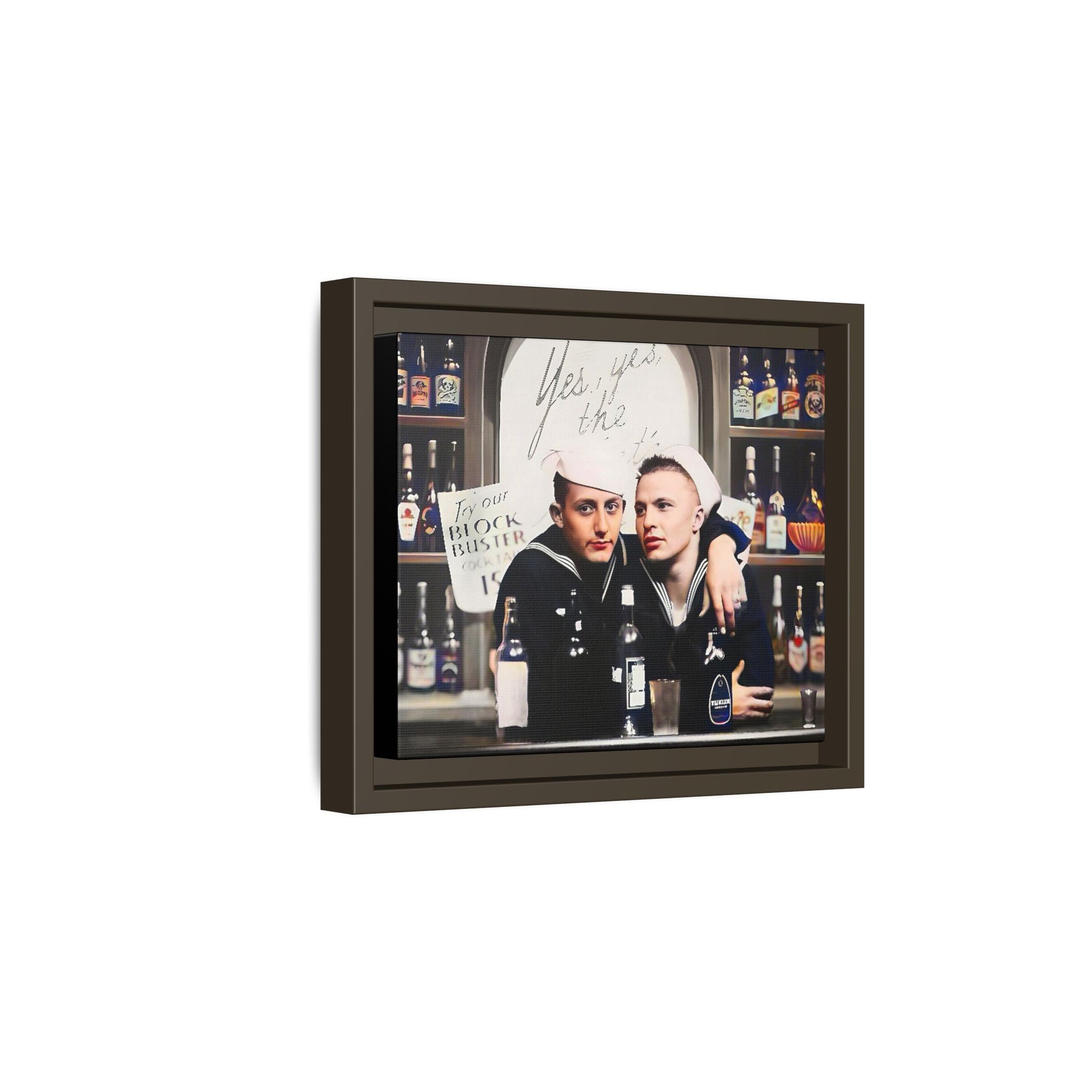 A restored vintage photo of Matt & Cory at Naval Air Station Alameda, CA. This framed matte canvas print captures camaraderie, LGBTQ+ history, and the spirit of military service, making it a unique and nostalgic keepsake for history lovers. Gay Couple Sailors