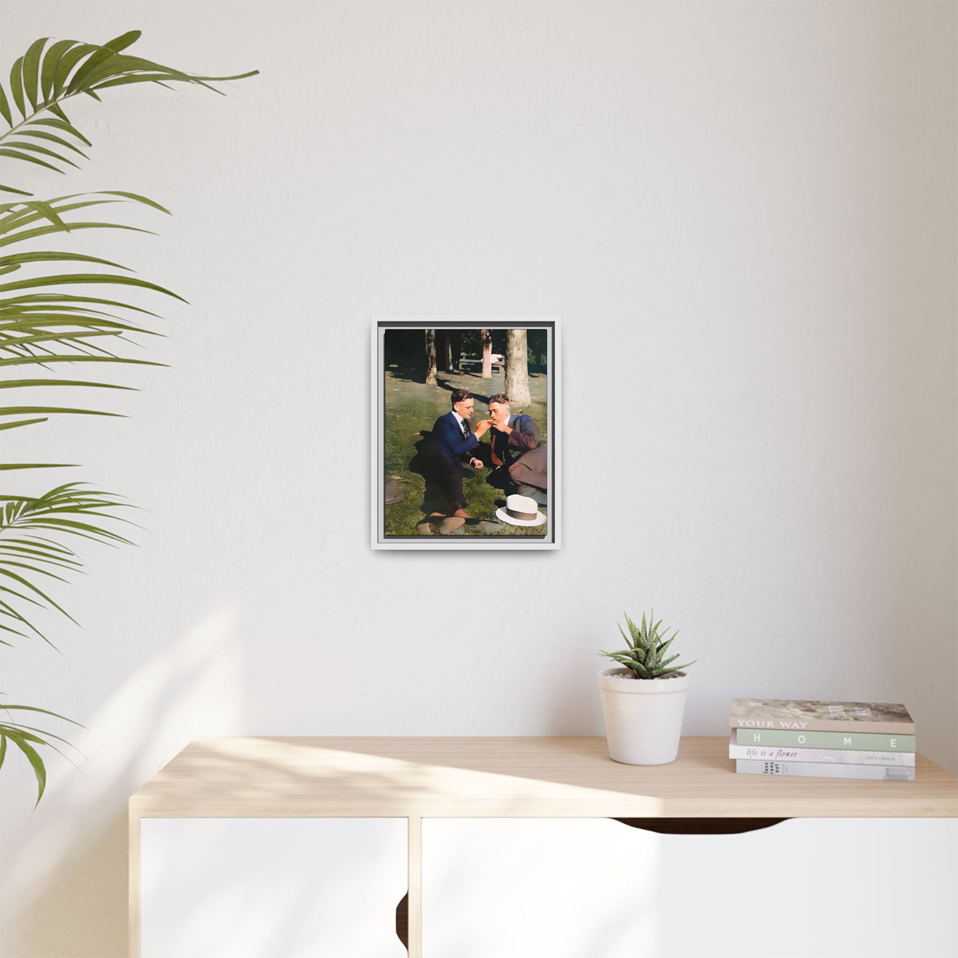 A framed vintage portrait on matte canvas featuring Oscar and Iván in Central Park, Manhattan, capturing timeless love and 1920s elegance. Gay Couple Queer History