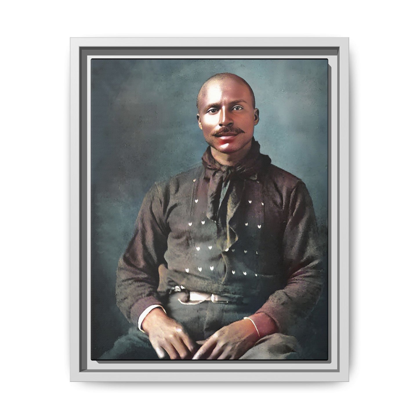 A vintage Western portrait of Jorge, capturing the rugged charm of the Old West in Mesa, Arizona. This framed matte canvas showcases resilience and classic cowboy style, perfect for rustic, Western, or Americana-inspired decor. Hispanic Latino