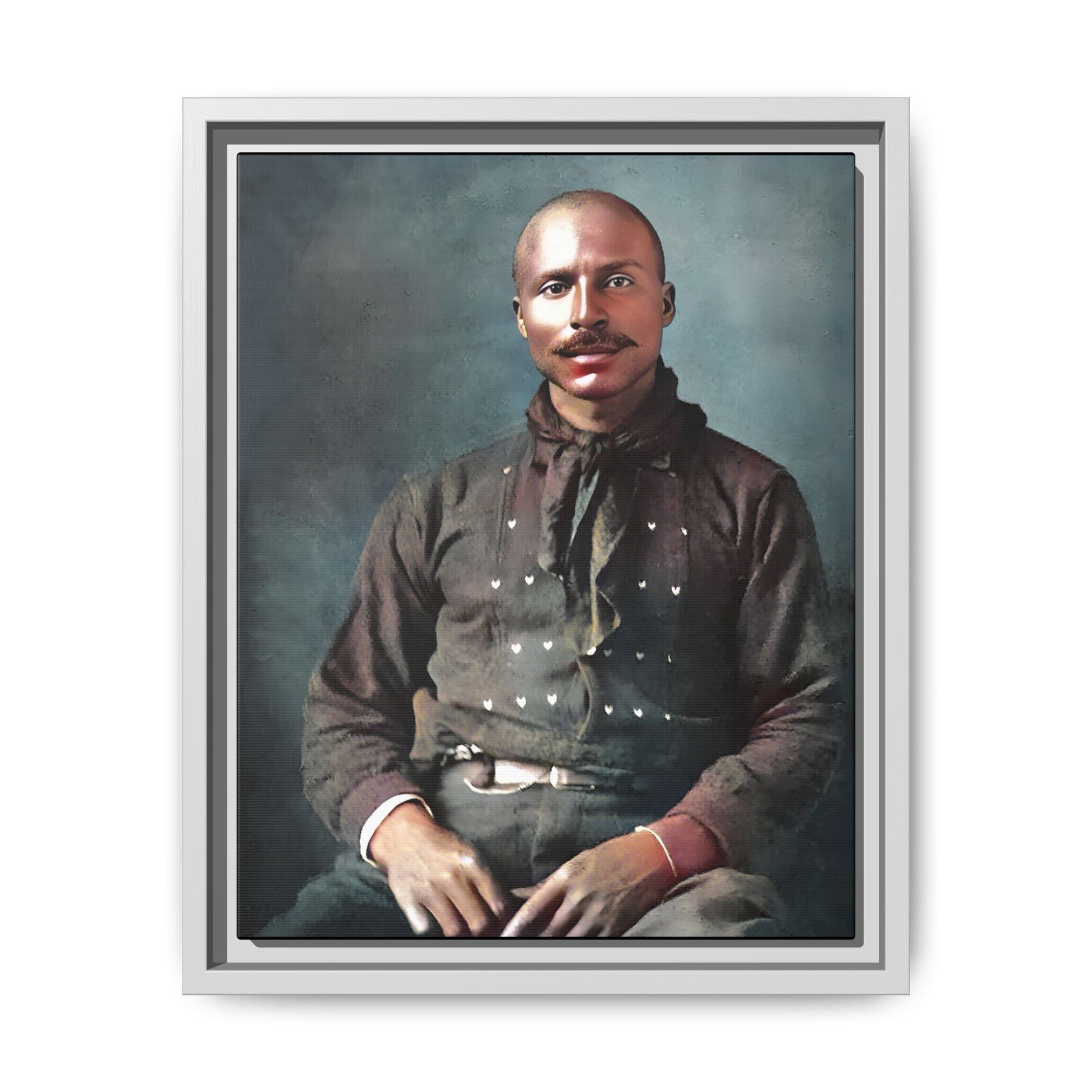 A vintage Western portrait of Jorge, capturing the rugged charm of the Old West in Mesa, Arizona. This framed matte canvas showcases resilience and classic cowboy style, perfect for rustic, Western, or Americana-inspired decor. Hispanic Latino