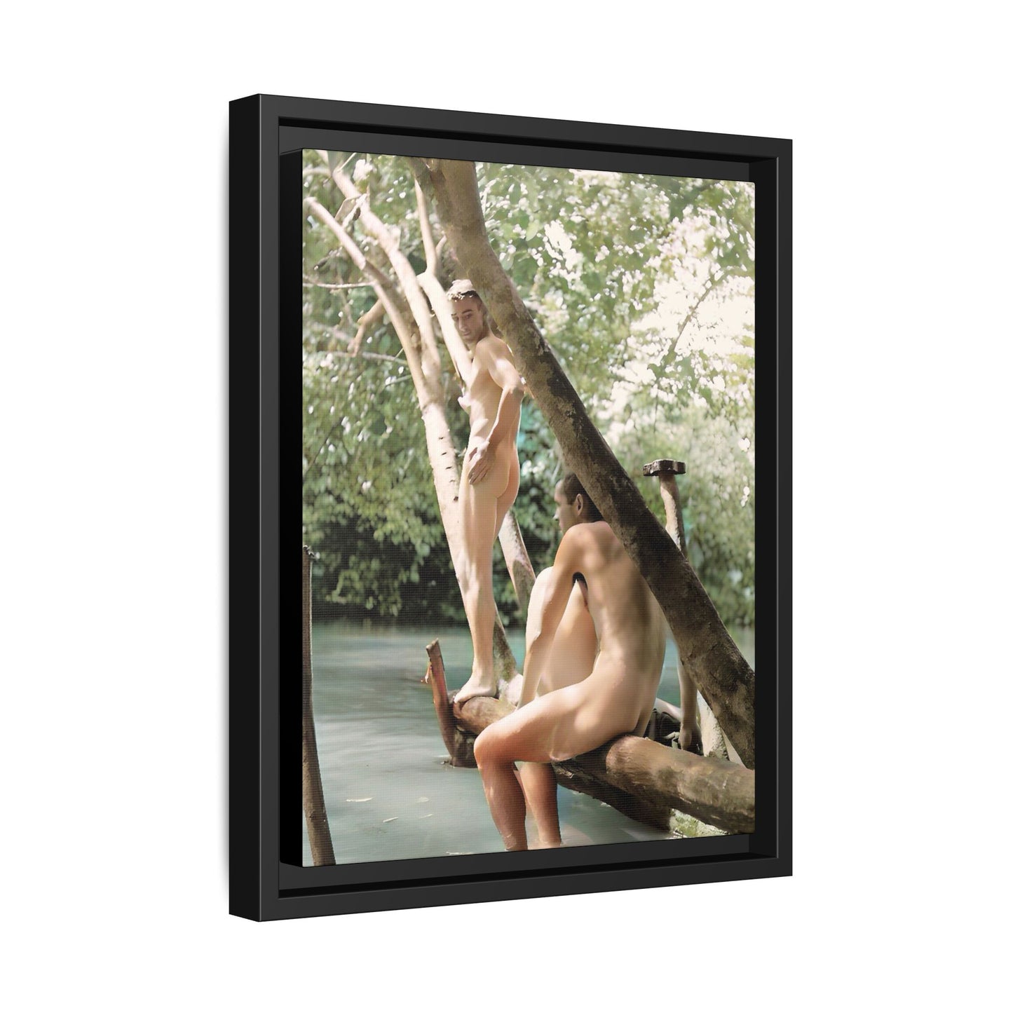 Restored early 1900s photo of men swimming nude  celebrating love and strength by James River in South Dakota, framed as wall art. Gay History