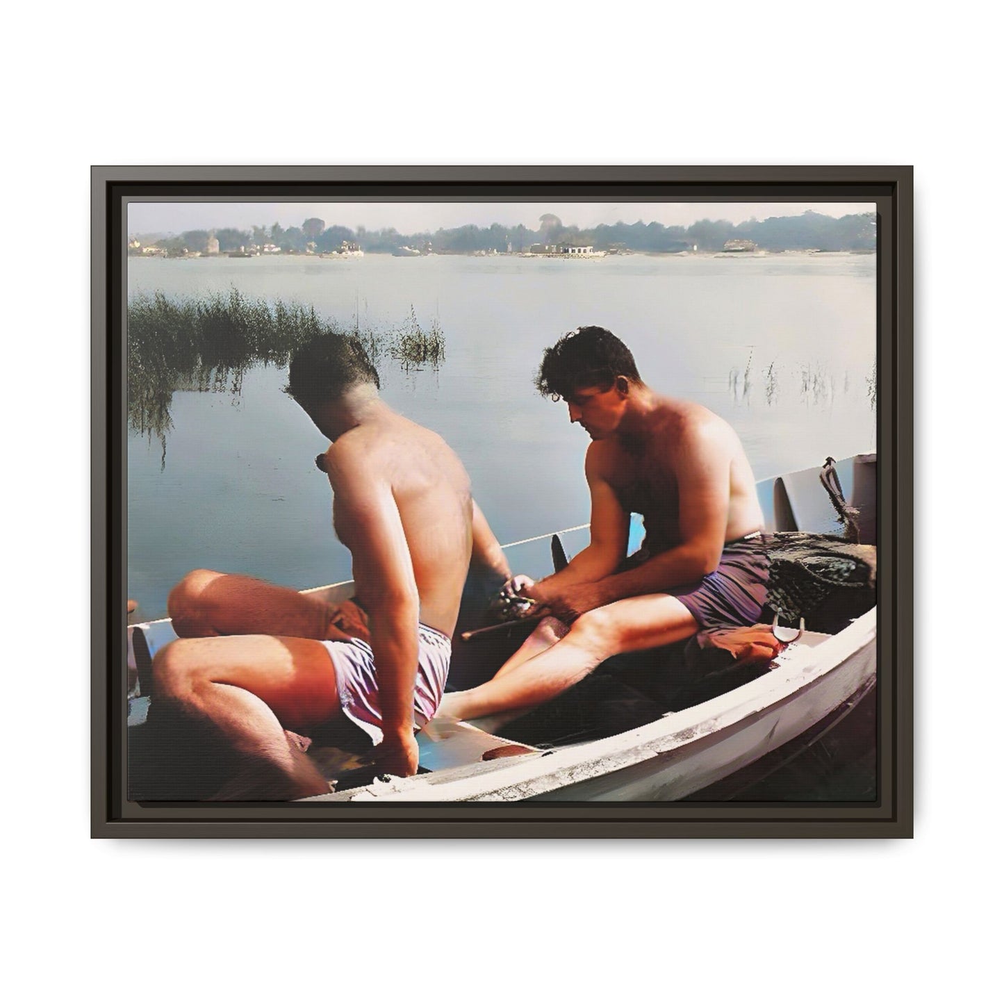 A restored vintage photo of Ned & Marty in a boat at Cape May, New Jersey. This framed matte canvas captures a serene LGBTQ+ love story, offering a nostalgic and timeless nautical scene perfect for collectors and history enthusiasts. Gay Couple