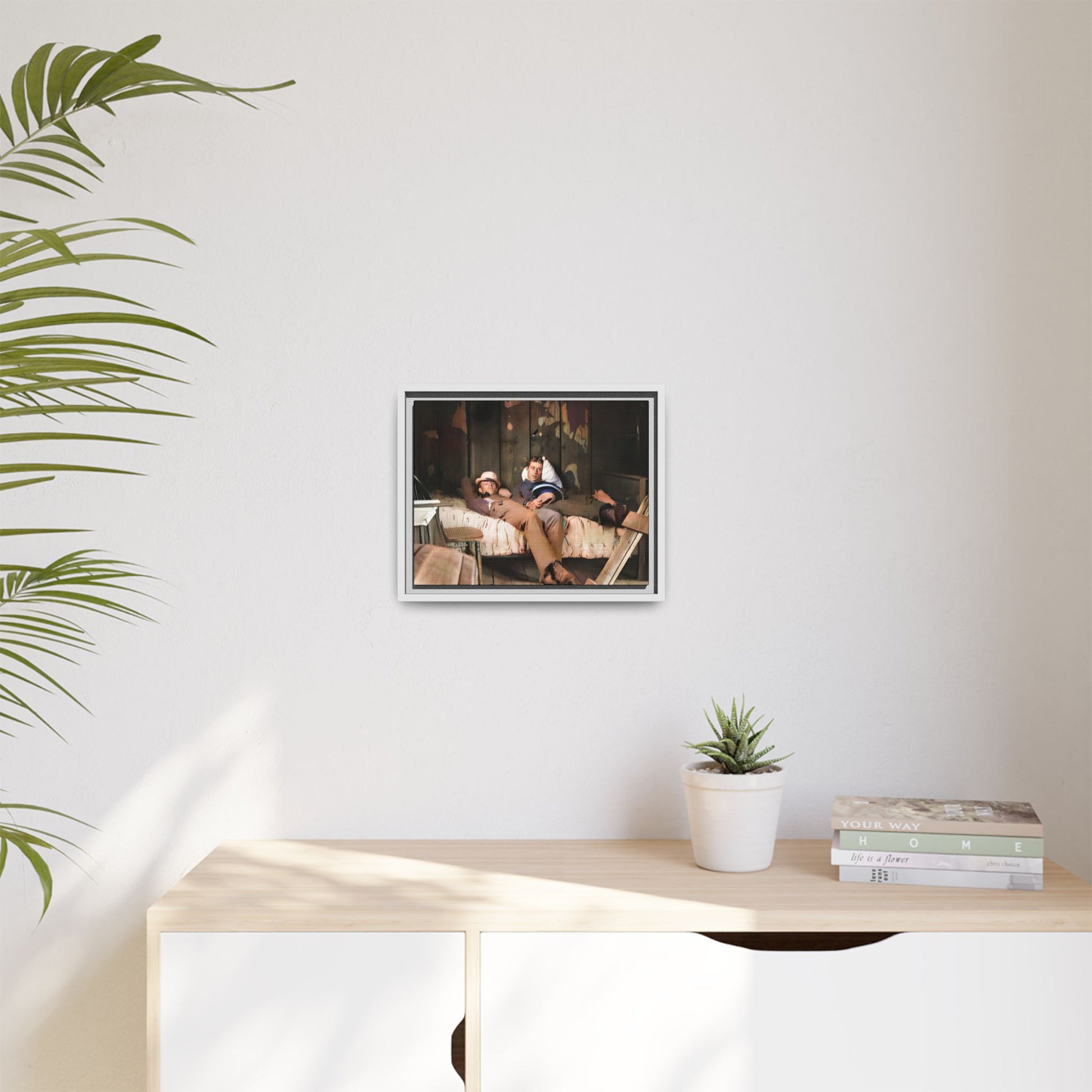 A vintage portrait of Henry & Joseph in a rustic Oregon cabin. This framed matte canvas captures LGBTQ+ history, love, and the beauty of a quiet, intimate moment, making it a timeless and meaningful addition to any collection or home. Gay Couple in bed.