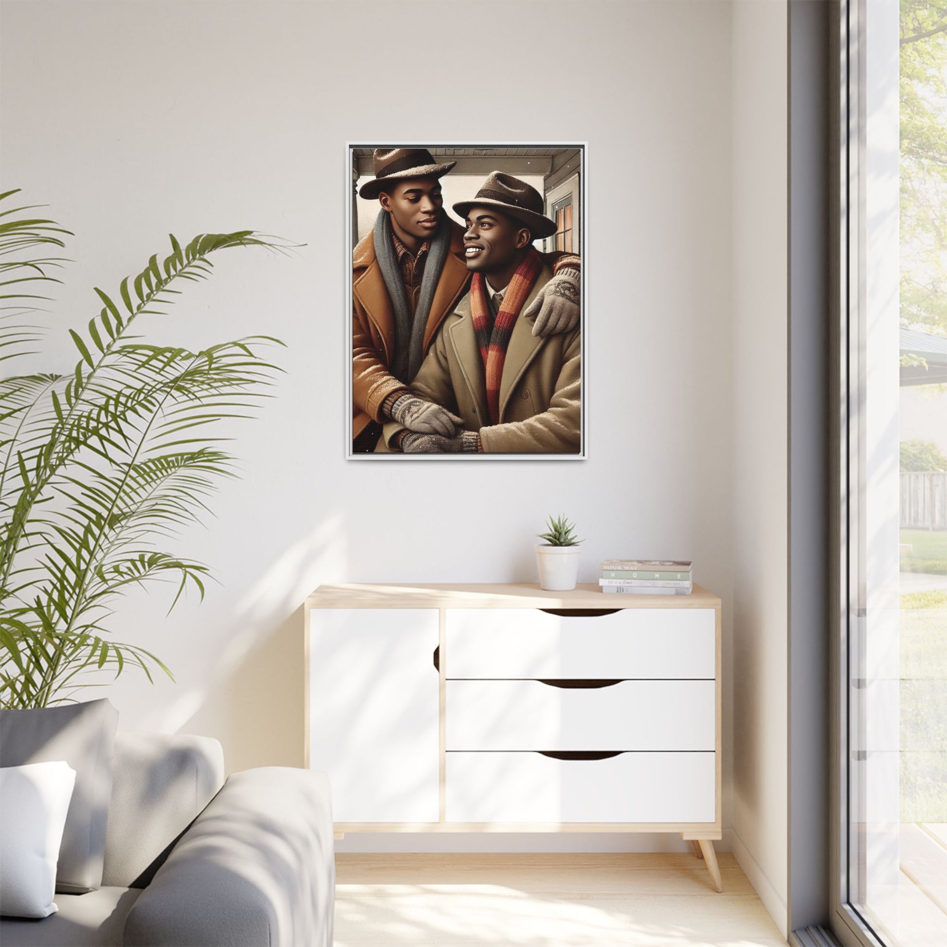 Artwork of an African-American gay couple sharing a cozy winter moment on a porch. Dressed in vintage winter attire with fedoras, scarves, and warm coats, they exchange affectionate gazes amidst softly falling snow, capturing love, warmth, and intimacy in a nostalgic winter setting.