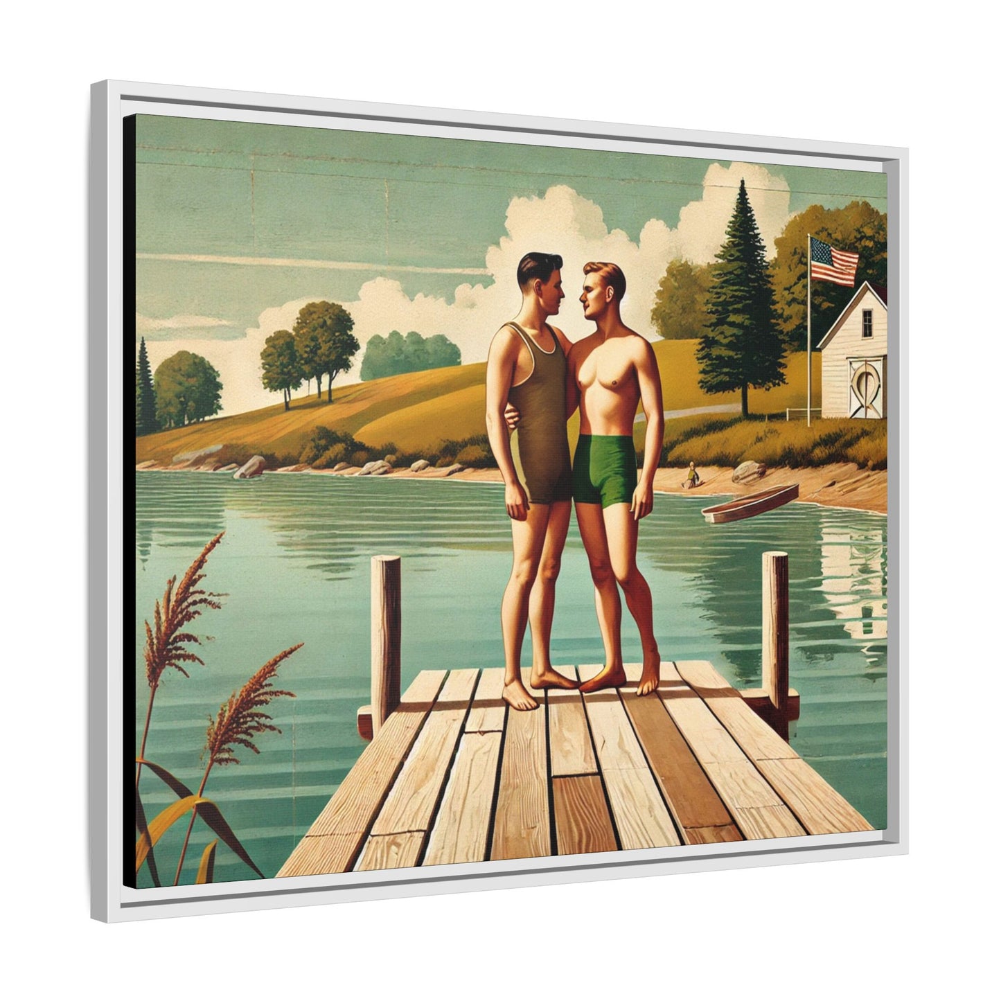 Framed artwork of a gay couple sharing a tender moment on a wooden dock by a peaceful lake, dressed in vintage swimwear. Set against rolling hills and a lakeside cabin, this nostalgic scene honors LGBTQ+ love in a serene Midwestern summer setting.