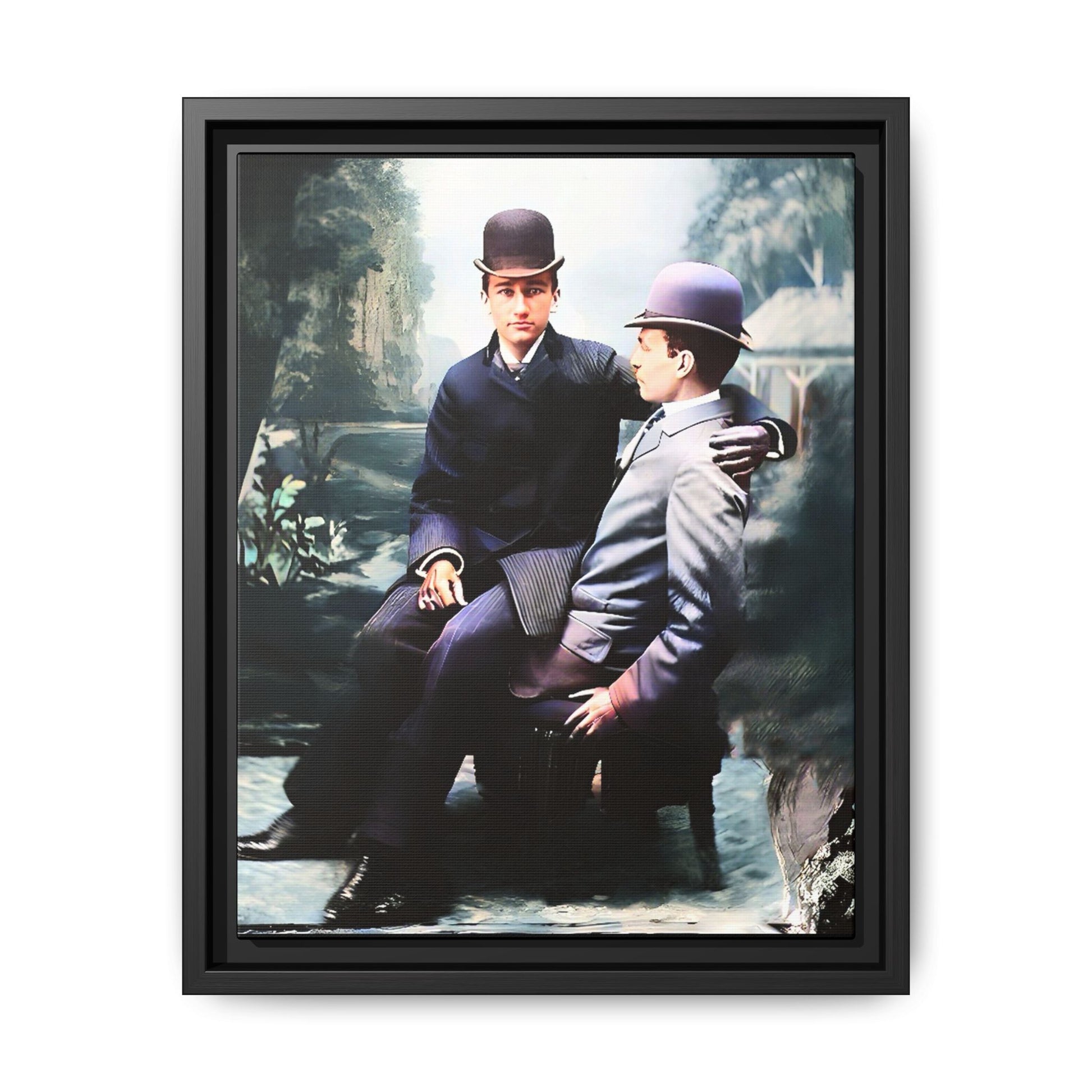 Restored 1800s photo of Cash & Arwood, Irish gay couple in loving pose, framed canvas print