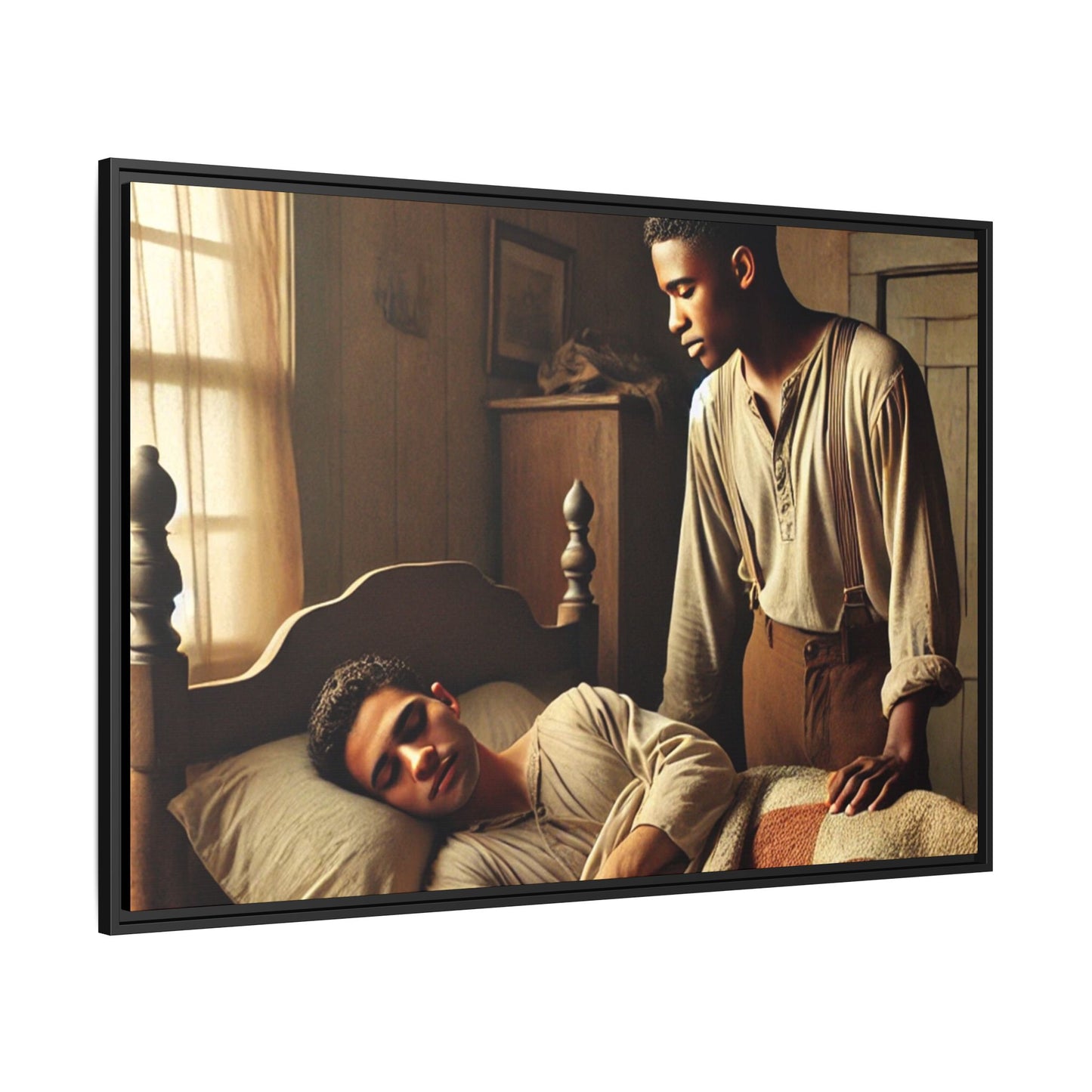 Grant 007 artwork depicting an African-American queer couple in a tender, intimate moment within a rustic bedroom. This scene, bathed in warm, nostalgic light, captures the love and quiet resilience of rural life, celebrating LGBTQ+ representation and African-American heritage.