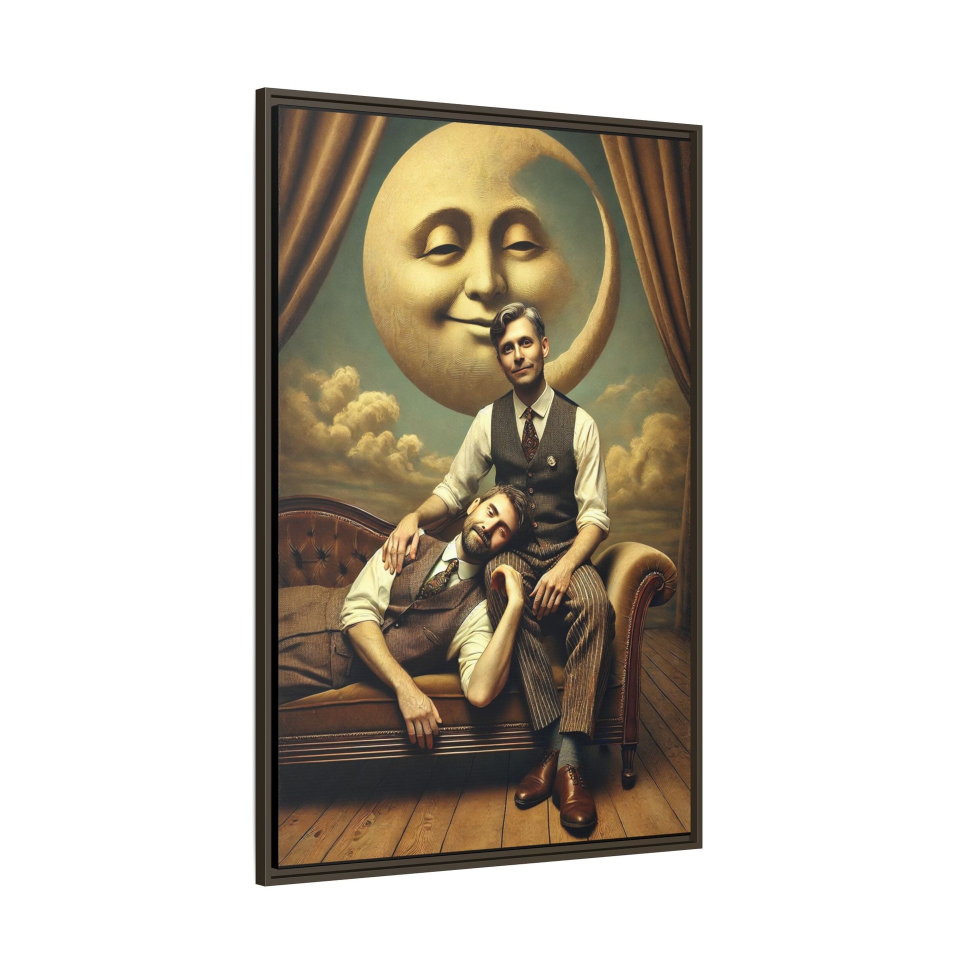 Vintage-style artwork of two men in 1920s clothing sitting close, one resting his head on the other’s lap beneath a smiling moon. Surrounded by theatrical curtains and clouds, this original piece honors lost queer love and challenges historical erasure with tenderness and pride.