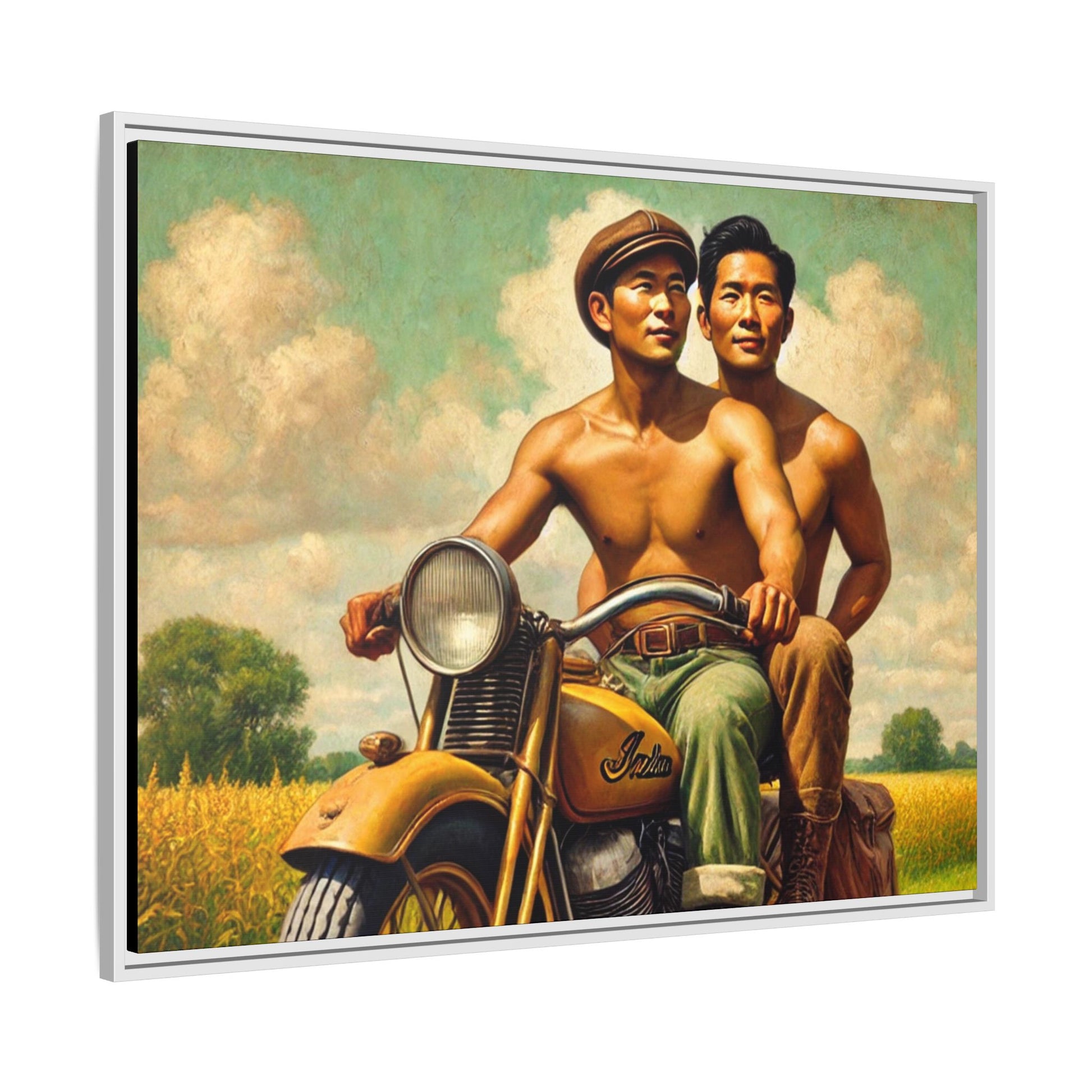 Framed artwork of an Asian-American gay couple riding a vintage yellow motorcycle through Iowa's serene countryside, celebrating love and unity.