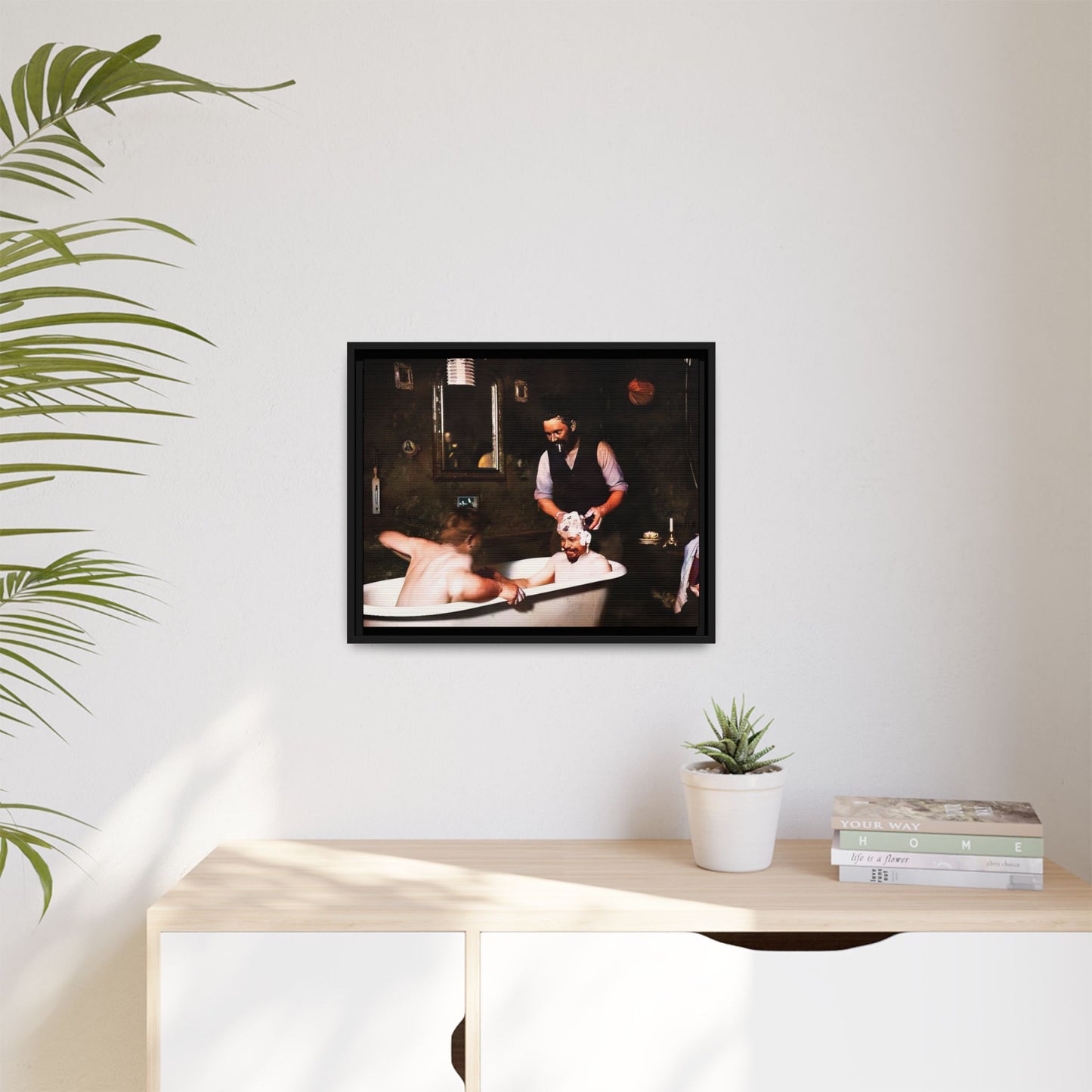 Restored vintage photo of camaraderie at Walsh Depot, Battle Mountain, NV, featuring a clawfoot tub, and framed canvas art. Naked Men in the bathtub. Gay Bears