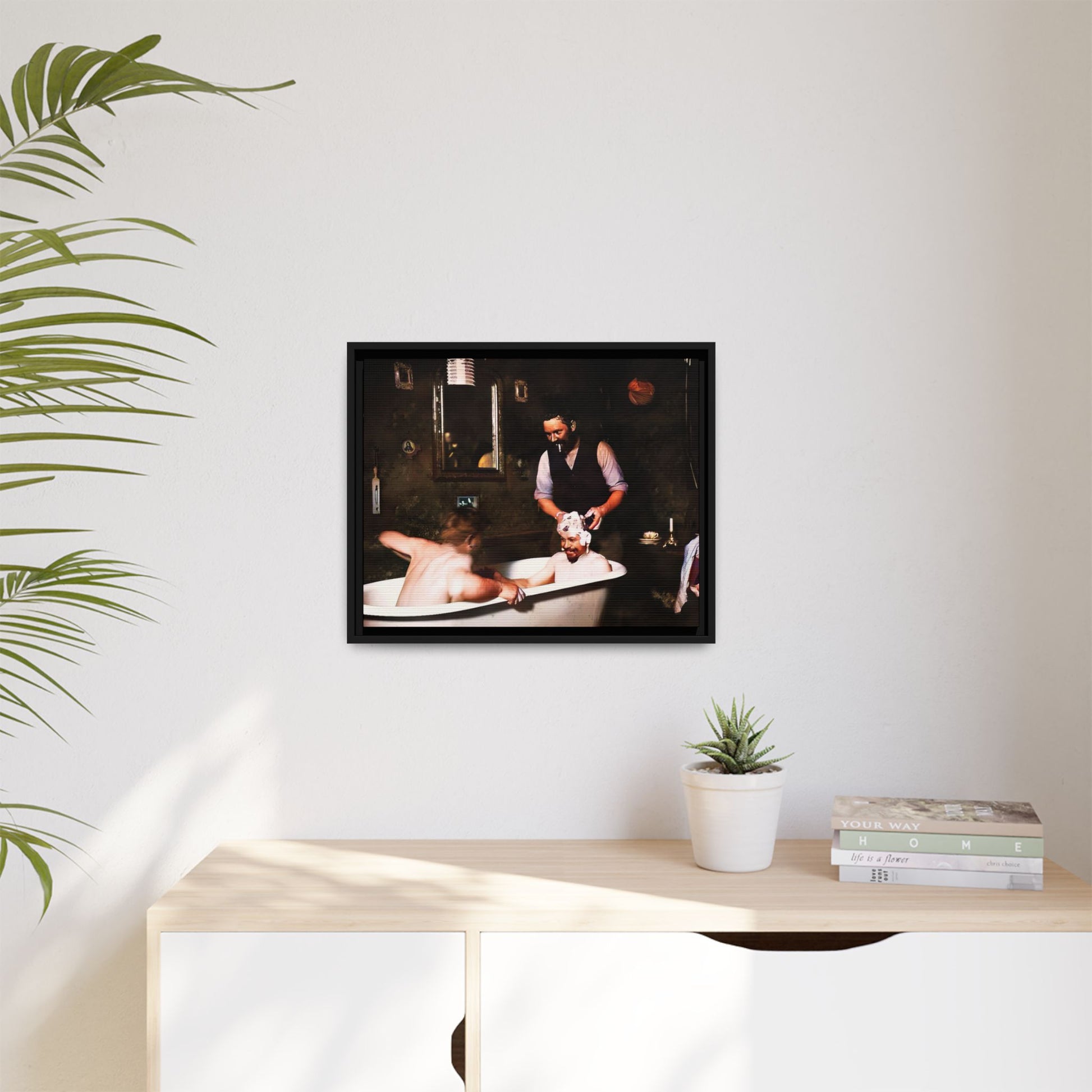 Restored vintage photo of camaraderie at Walsh Depot, Battle Mountain, NV, featuring a clawfoot tub, and framed canvas art. Naked Men in the bathtub. Gay Bears