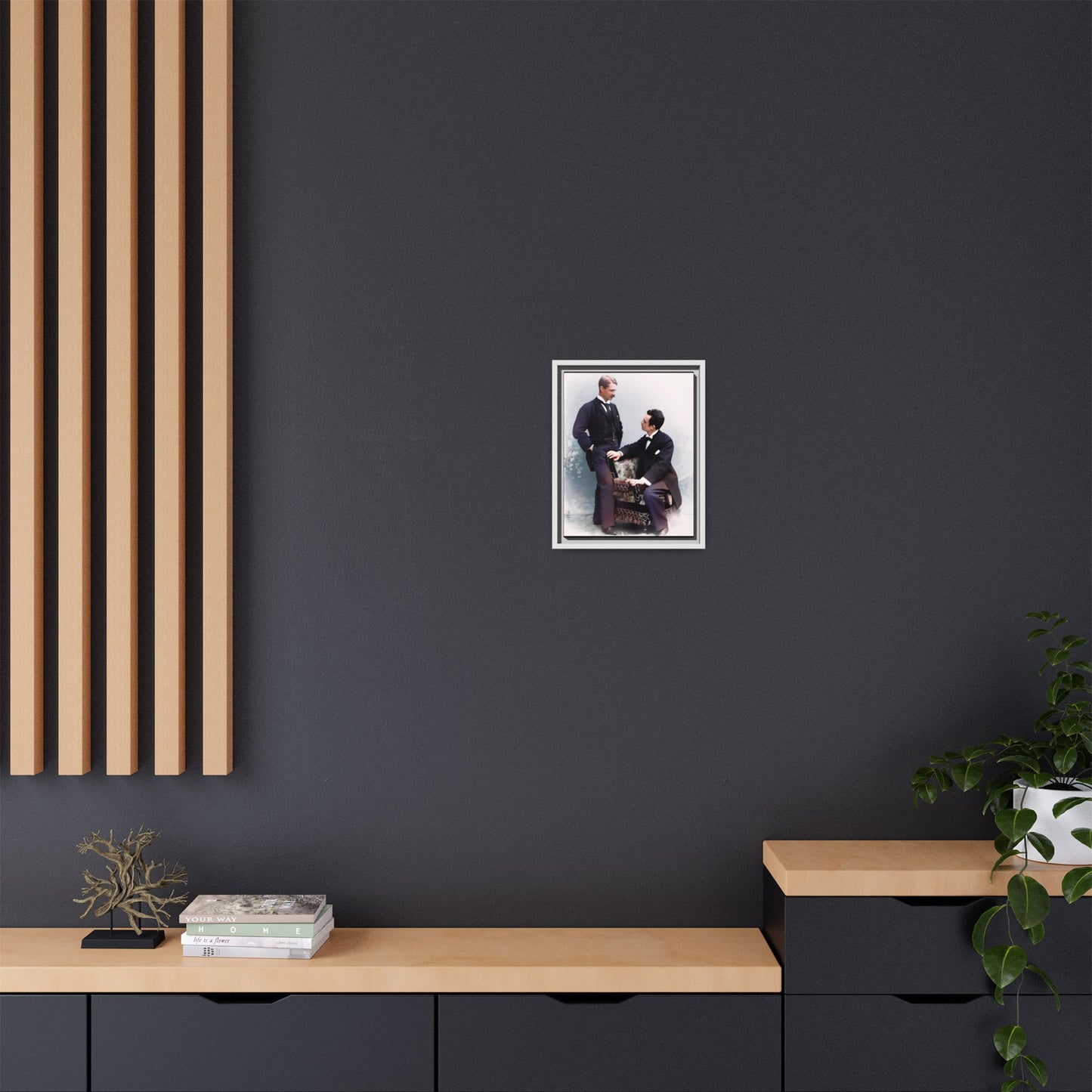 A beautifully restored vintage portrait of Ernest & Richard in Wilmington, North Carolina, exuding elegance and deep connection. Dressed in refined suits, their poised expressions capture a timeless LGBTQ+ love story, making this framed matte canvas print a stunning historical art piece for collectors and enthusiasts.