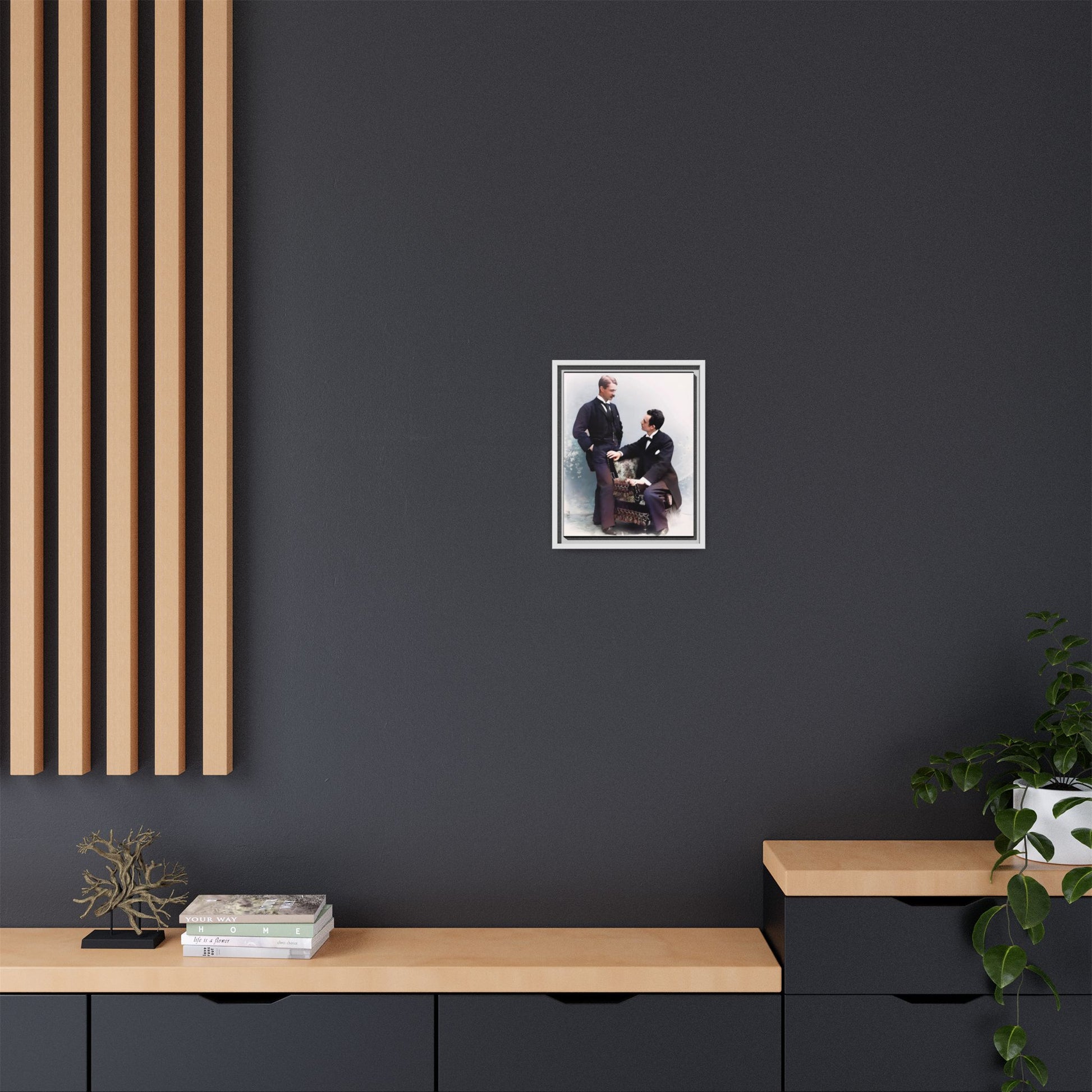 A beautifully restored vintage portrait of Ernest & Richard in Wilmington, North Carolina, exuding elegance and deep connection. Dressed in refined suits, their poised expressions capture a timeless LGBTQ+ love story, making this framed matte canvas print a stunning historical art piece for collectors and enthusiasts.