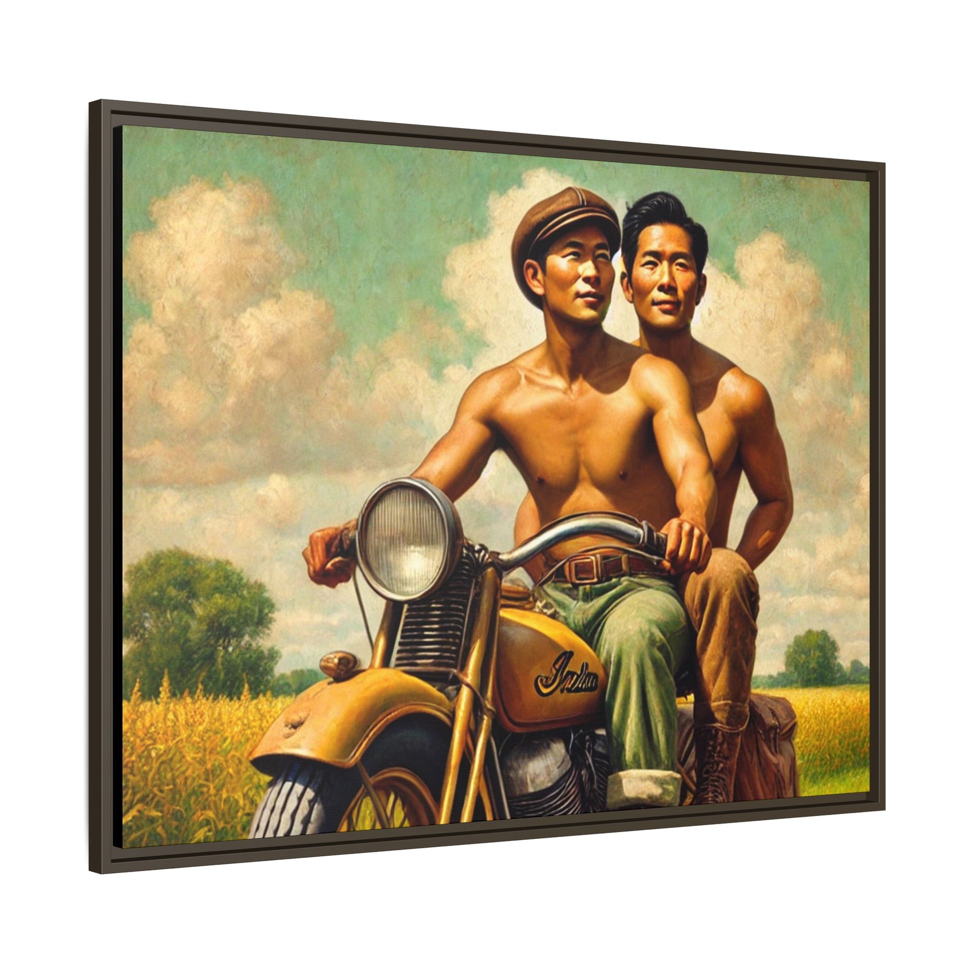 Framed artwork of an Asian-American gay couple riding a vintage yellow motorcycle through Iowa's serene countryside, celebrating love and unity.