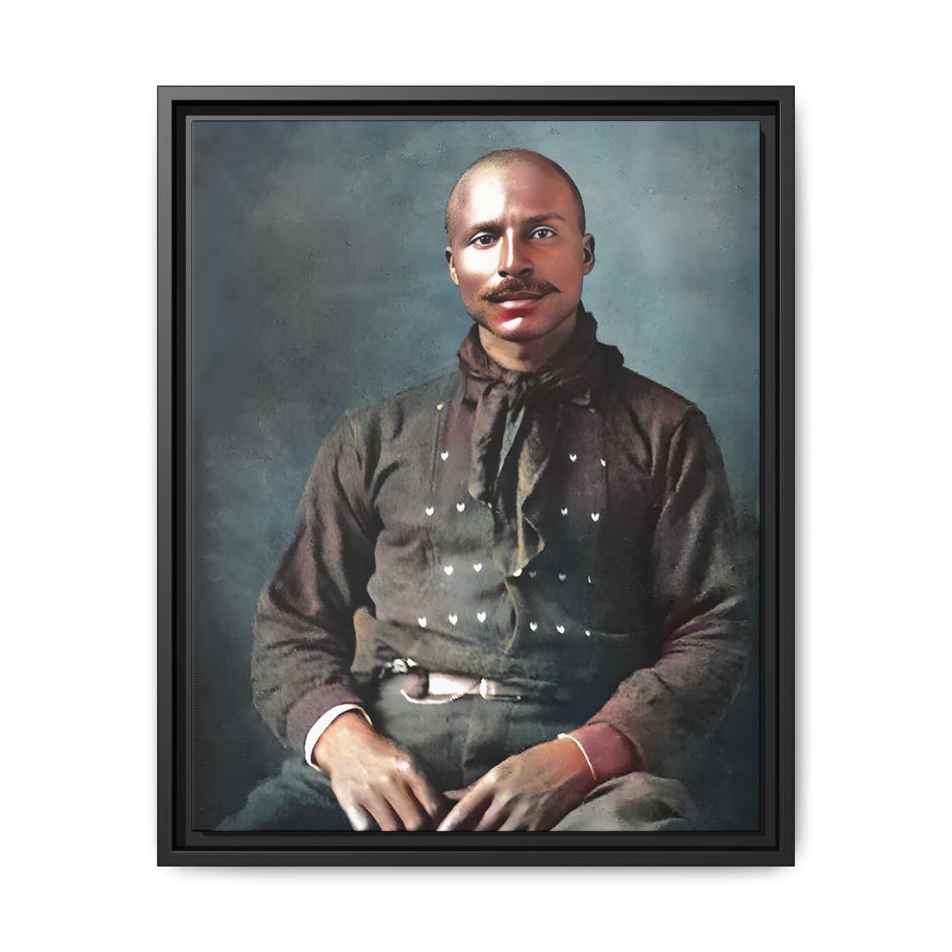 A vintage Western portrait of Jorge, capturing the rugged charm of the Old West in Mesa, Arizona. This framed matte canvas showcases resilience and classic cowboy style, perfect for rustic, Western, or Americana-inspired decor. Hispanic Latino