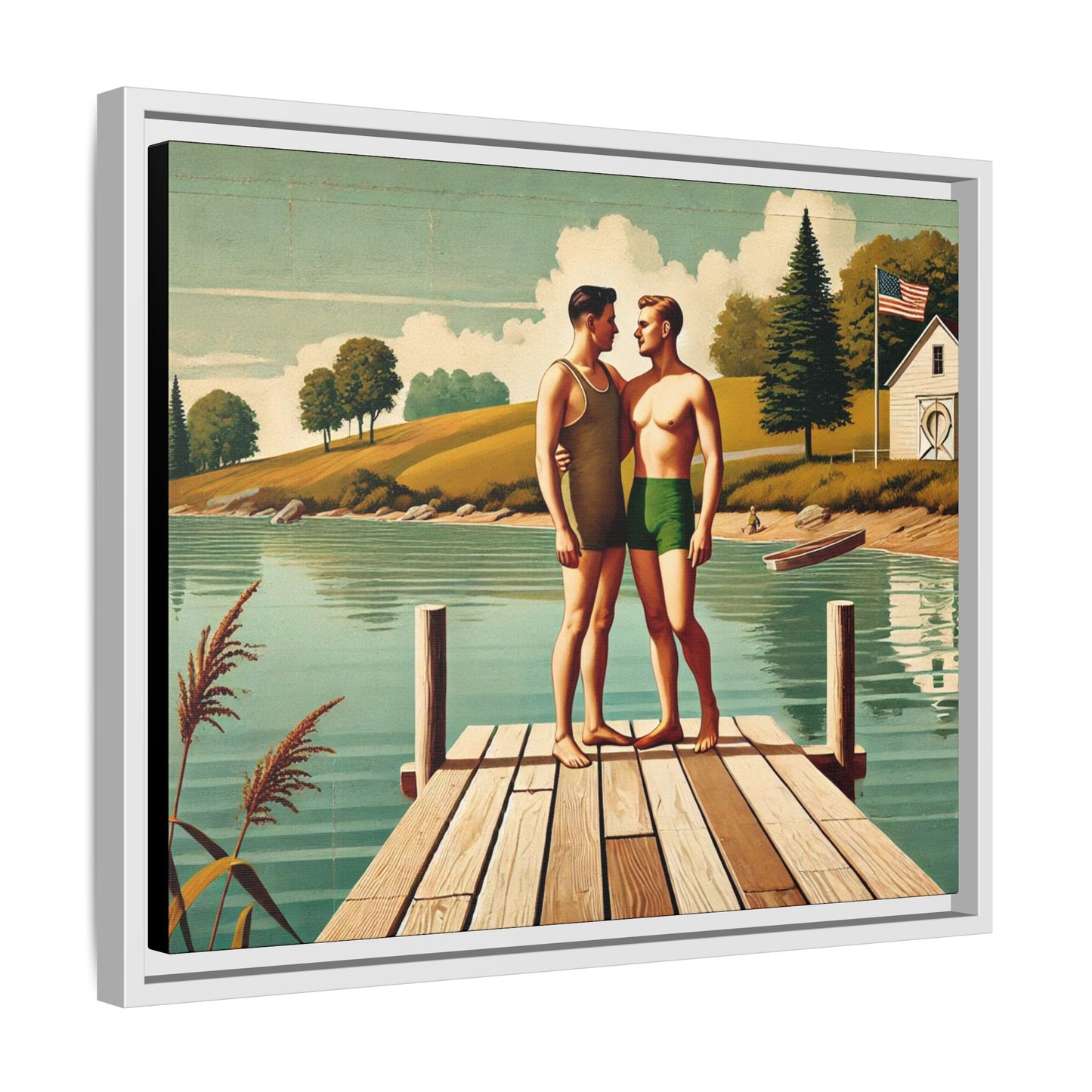 Framed artwork of a gay couple sharing a tender moment on a wooden dock by a peaceful lake, dressed in vintage swimwear. Set against rolling hills and a lakeside cabin, this nostalgic scene honors LGBTQ+ love in a serene Midwestern summer setting.
