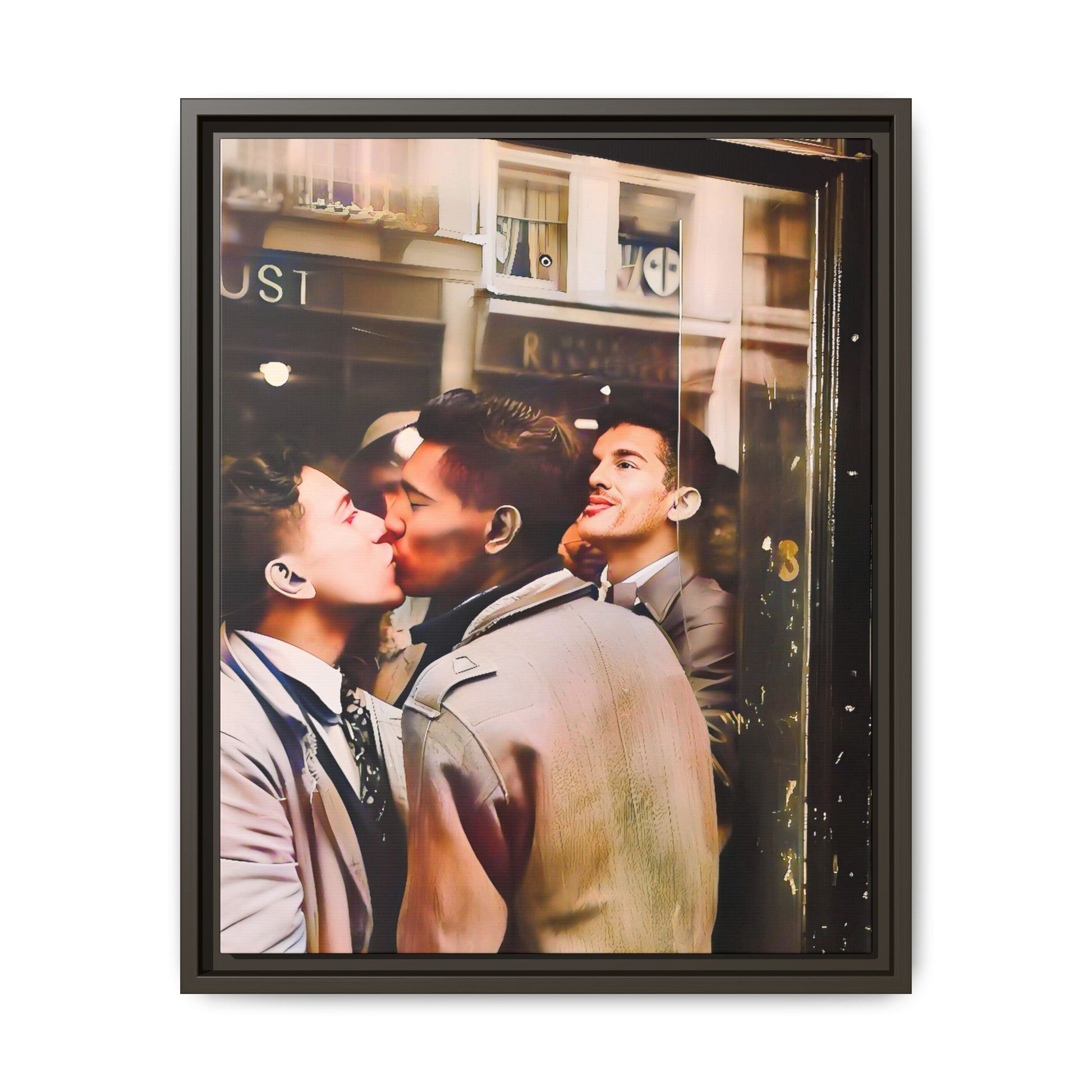 A restored 1950s LGBTQ+ couple portrait of Alejandro & Lorenzo at Mayfair Bar, NYC. A romantic queer history print on matte canvas, capturing love, resilience, and authenticity in a vibrant nightlife setting.