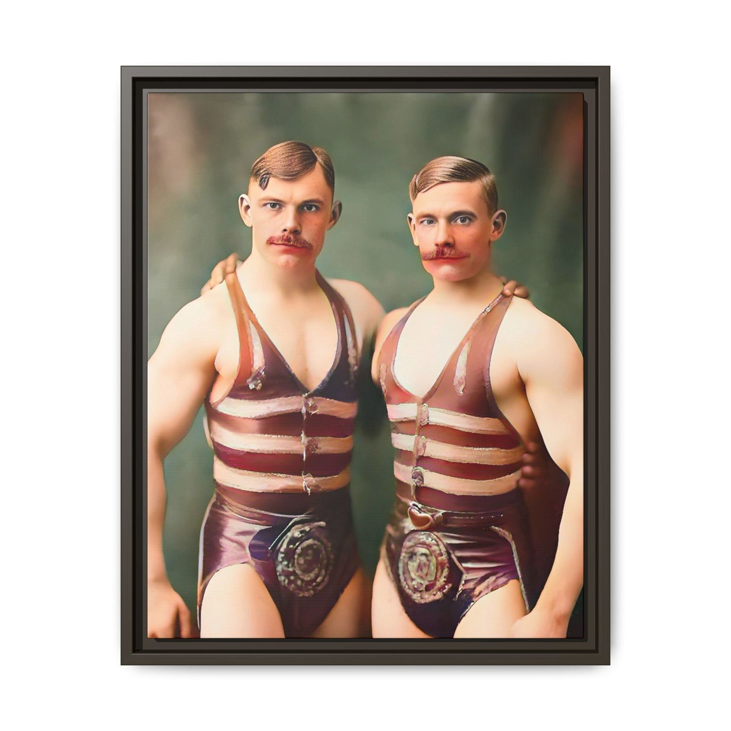 Restored early 1900s vintage photograph of Oscar and Herman in Pittsburgh, Pennsylvania, wearing striped singlets. Framed matte canvas art celebrating love, strength, and LGBTQ+ history. Gay Circus Couple Performers